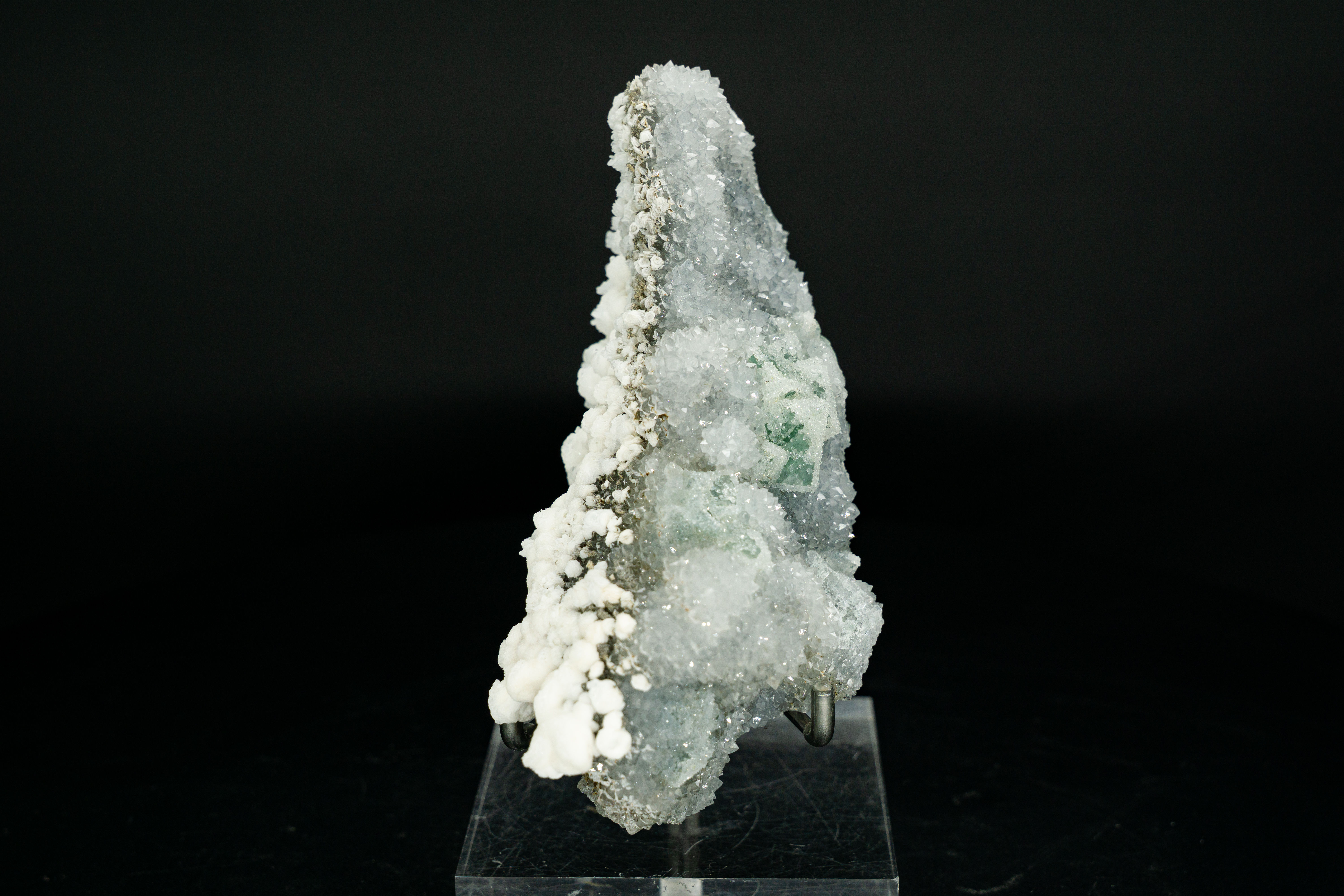 UV-Reactive Green Sugar Fluorite, Hydrozincite, & Calcite on Crystal Quartz Fujian
