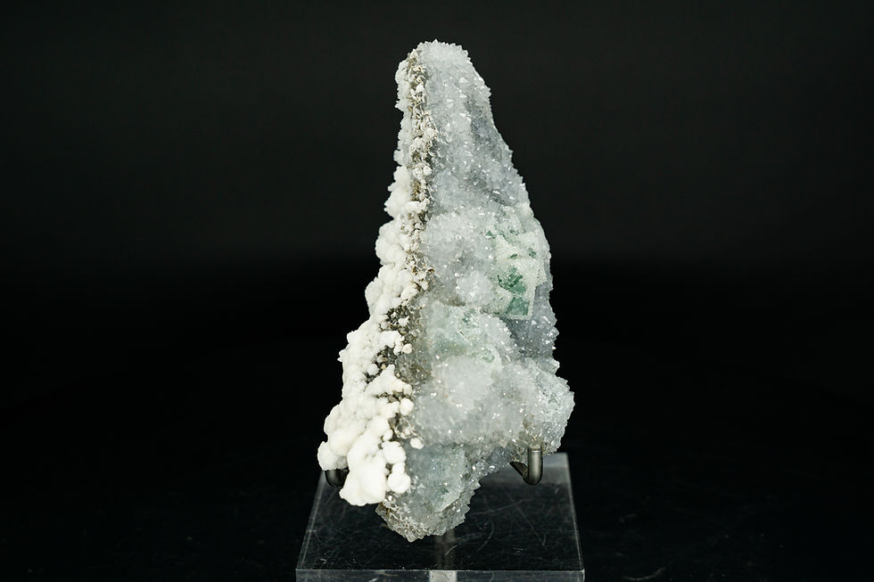 UV-Reactive Green Sugar Fluorite, Hydrozincite, & Calcite on Crystal Quartz Fujian