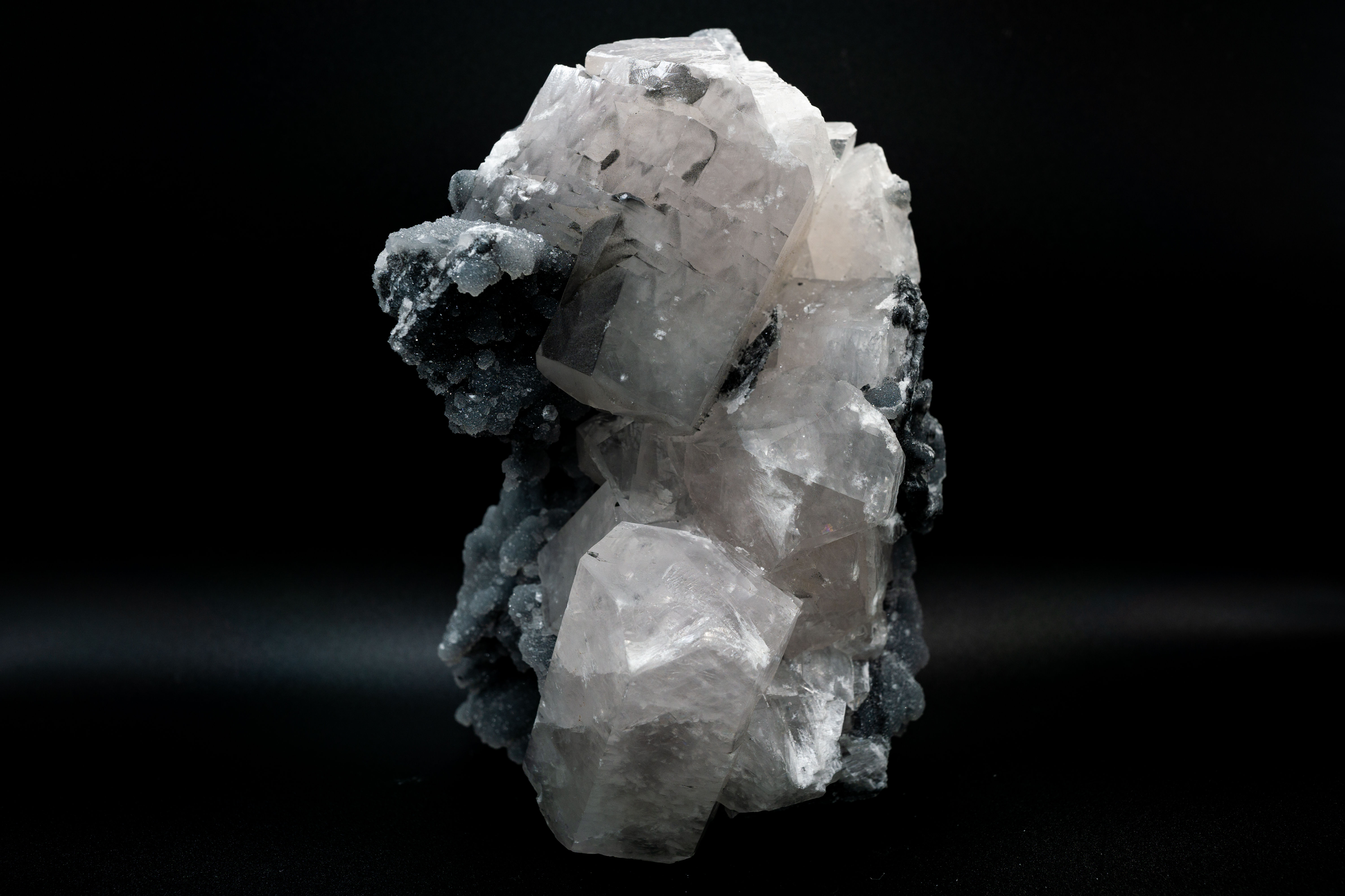 UV-Reactive Large Clear Calcite on Black Druzy Crystal Quartz Fujian