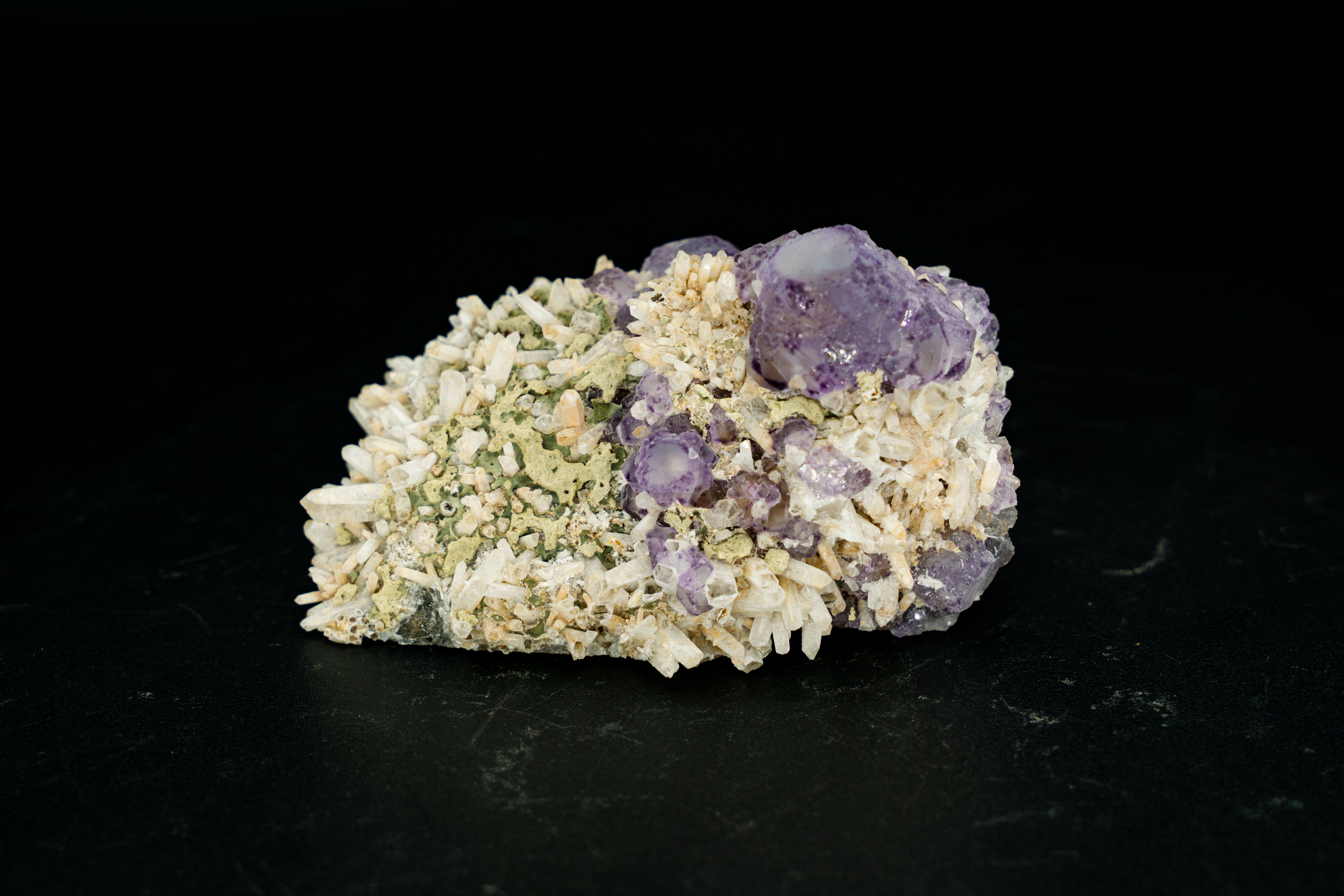 UV-Reactive Blue & Purple Fluorite on Crystal Quartz Inner Mongolia