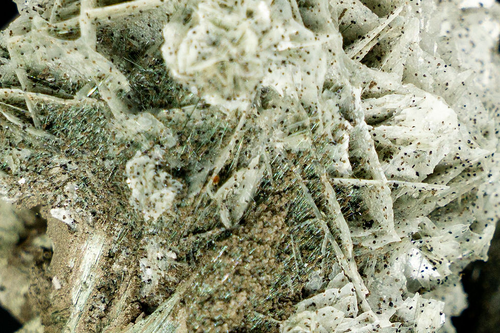 Thumbnail: UV-Reactive Calcite on Hedenbergite Quartz with Acrylic Stand Huanggangling Mine Inner Mongolia