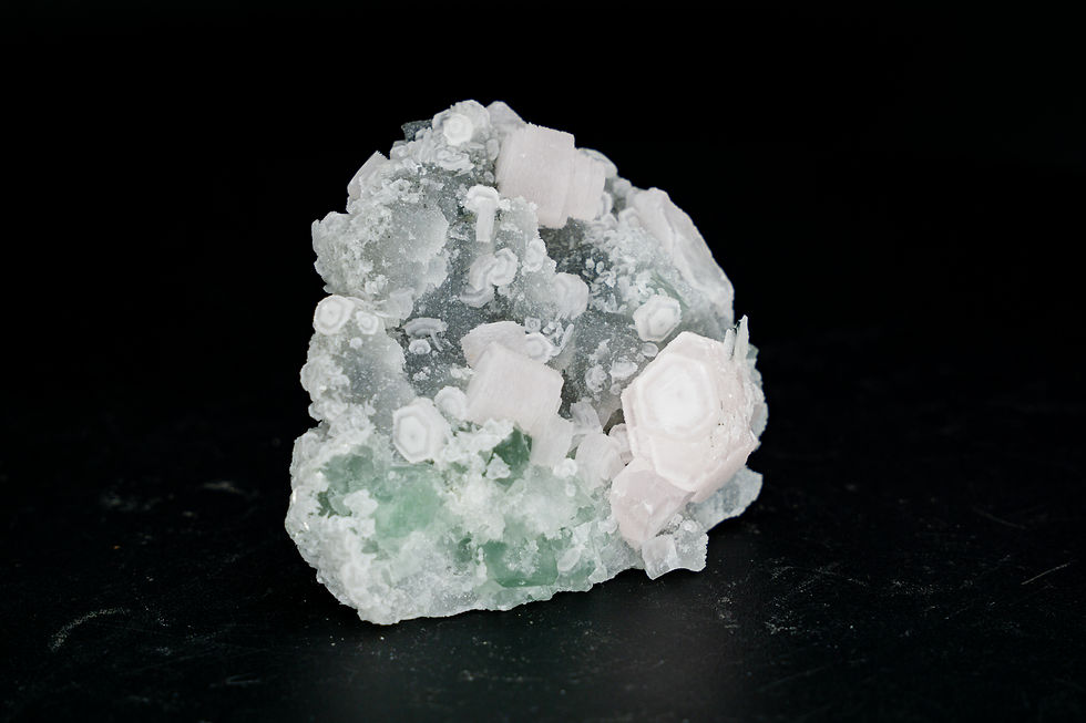 Thumbnail: UV-Reactive Pink Coin Calcite and Green Fluorite Fujian