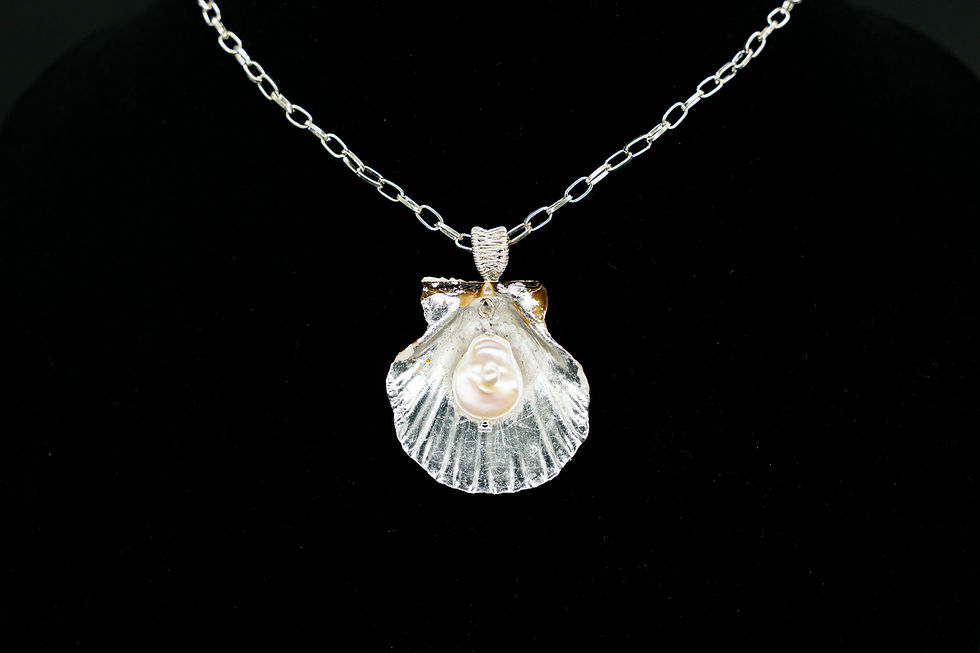 Thumbnail: Pink Scallop Shell Pearl Necklace Handmade Coastal Jewelry