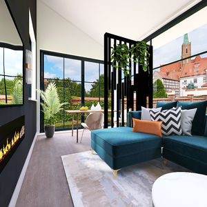 Modern Living Room with Green Sofas and Stylish Decor