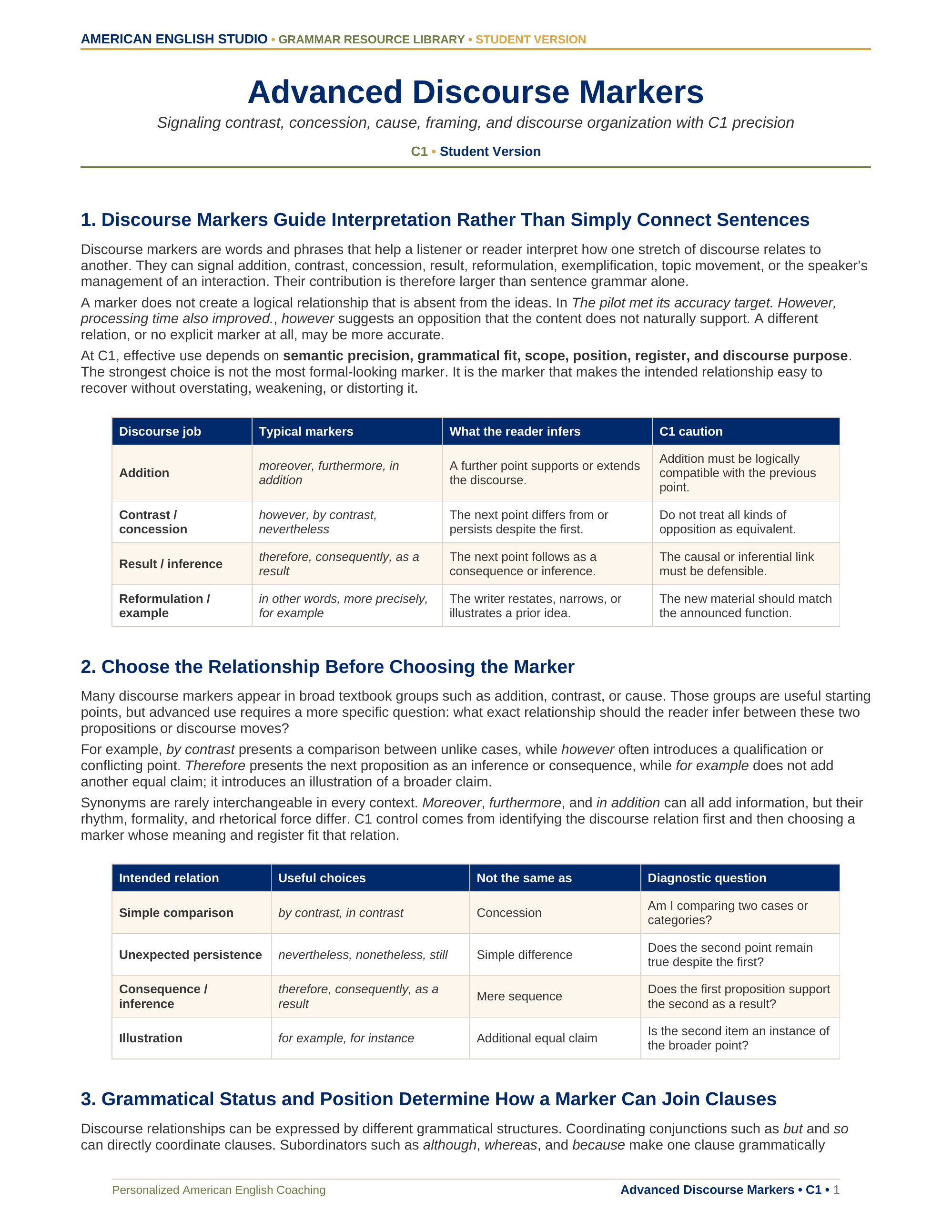 Advanced Discourse Markers grammar resource preview