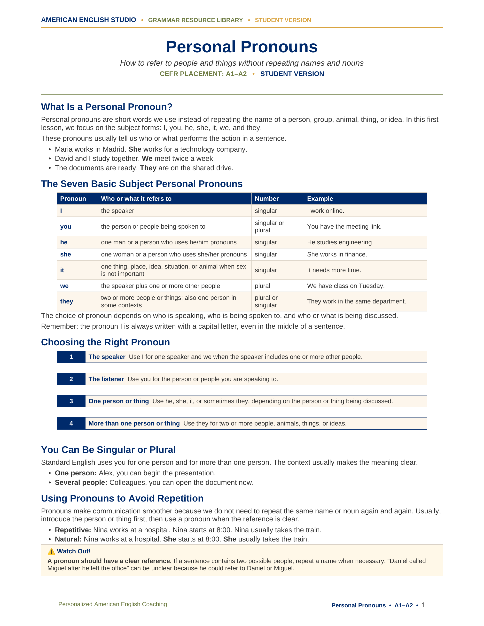 Personal Pronouns grammar resource preview