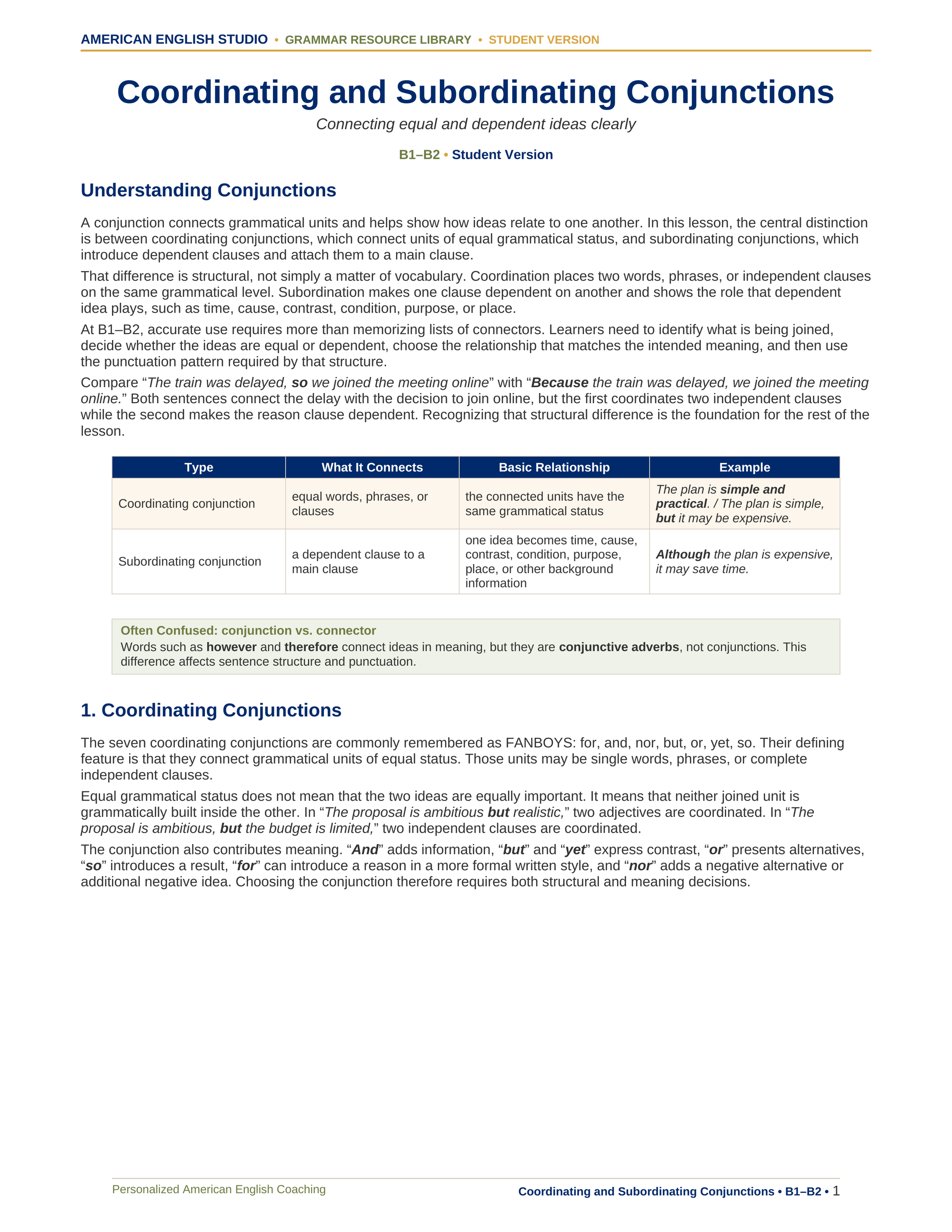Coordinating and Subordinating Conjunctions grammar resource preview