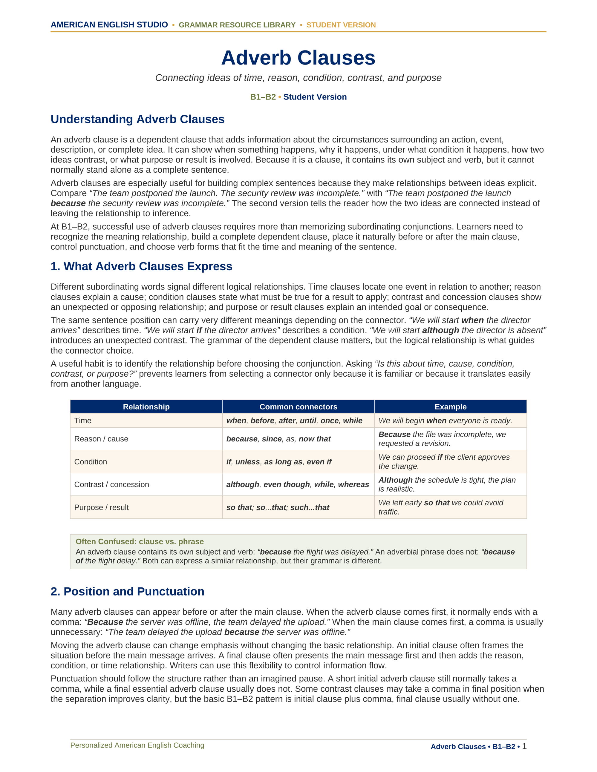 Adverb Clauses grammar resource preview