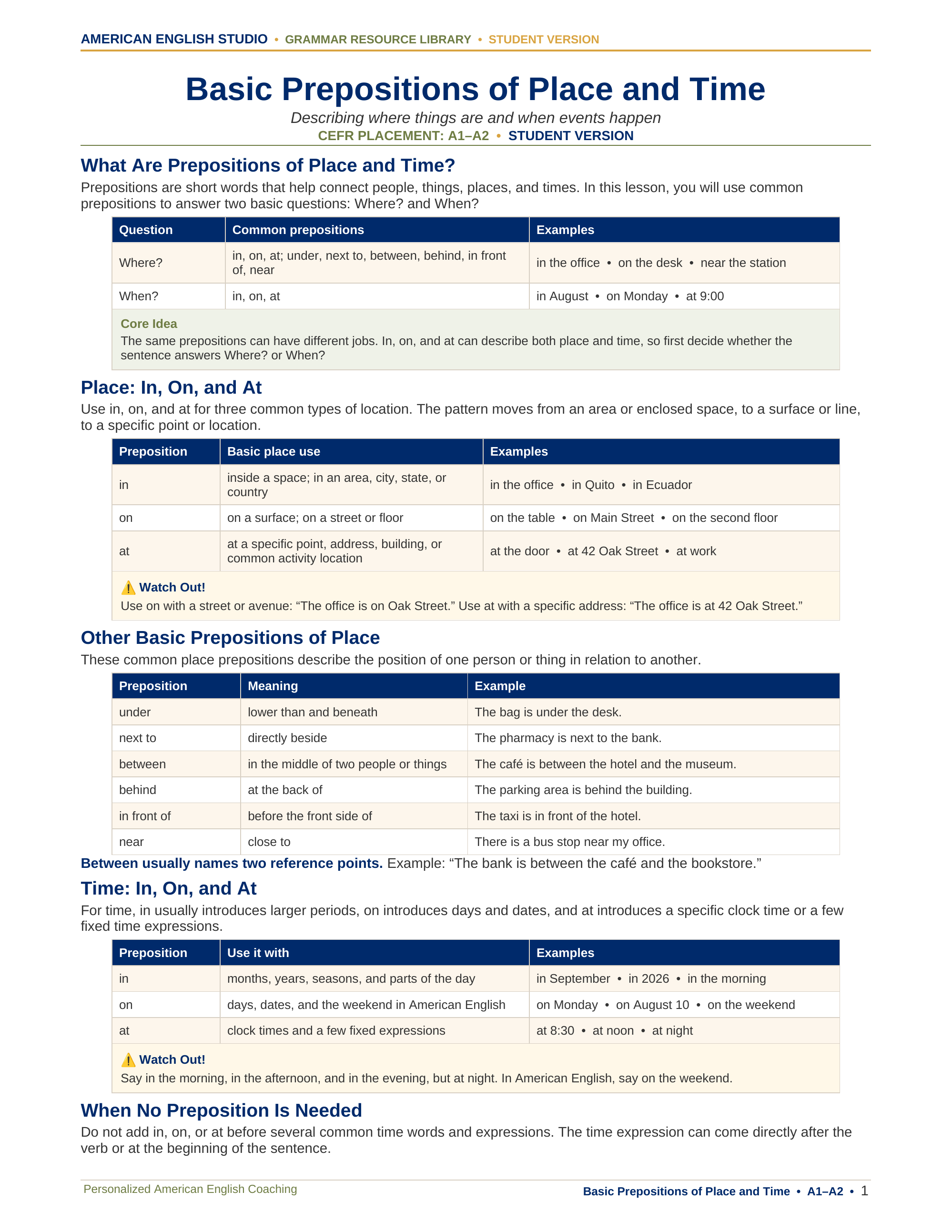 Basic Prepositions of Place and Time grammar resource preview
