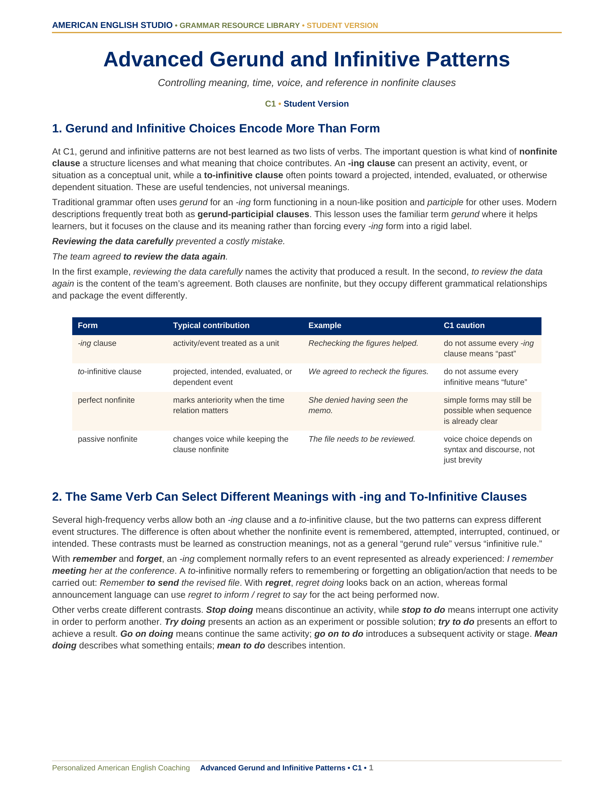 Advanced Gerund and Infinitive Patterns grammar resource preview