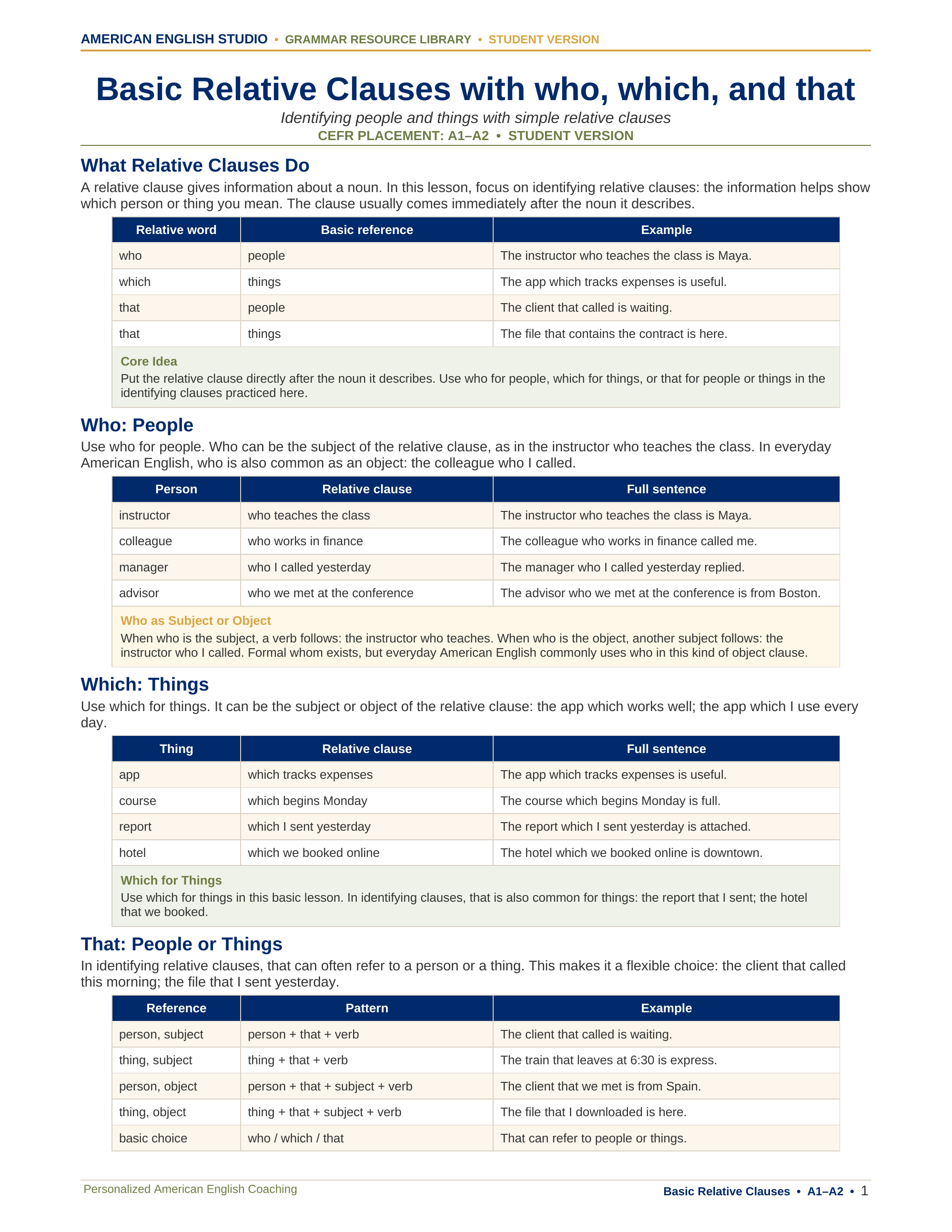 Basic Relative Clauses with who, which, and that grammar resource preview