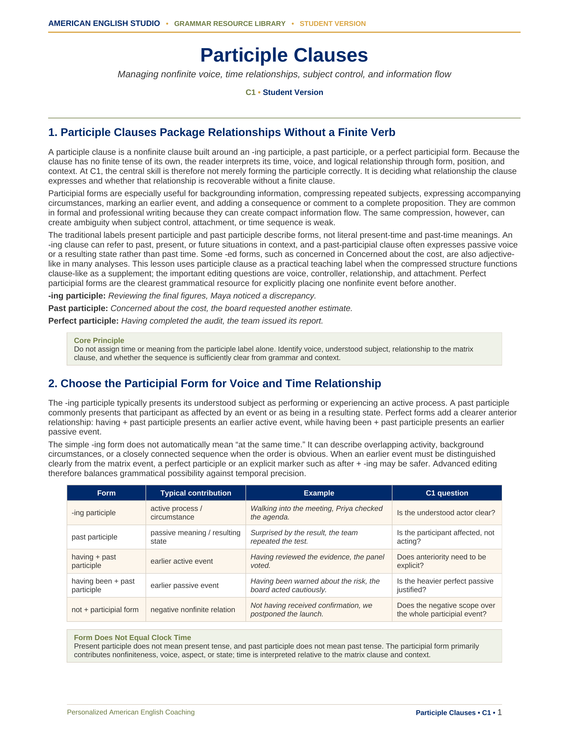 Participle Clauses grammar resource preview