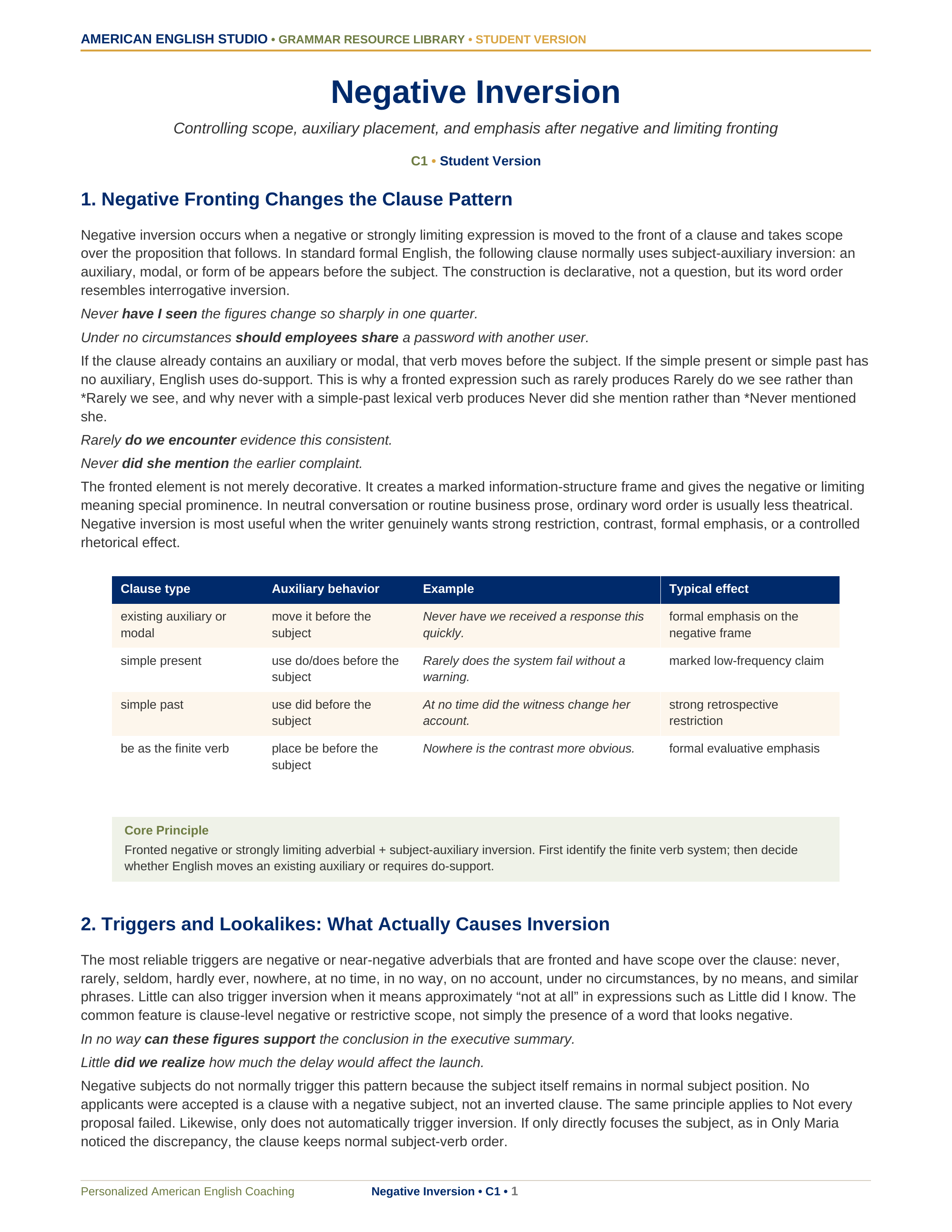 Negative Inversion grammar resource preview