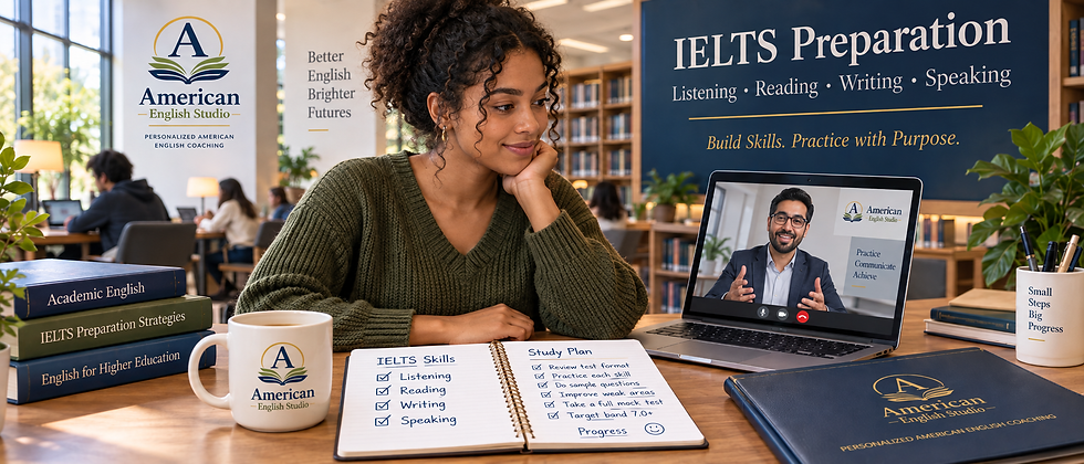 Diverse adult learner preparing for IELTS in a university library with an online instructor and four-skill study plan