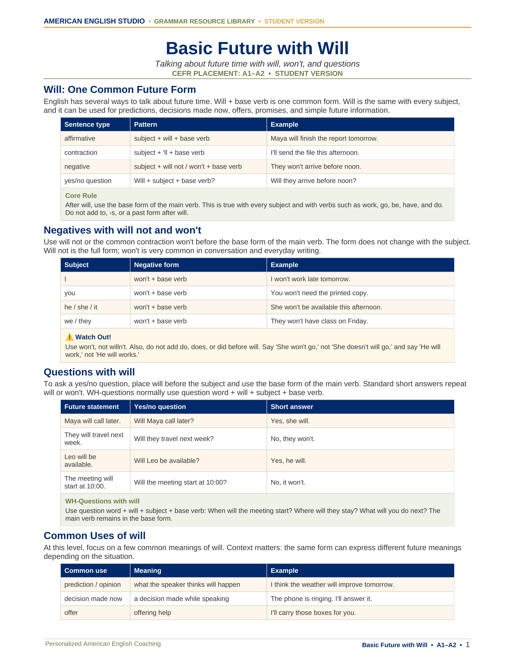 Basic Future with Will grammar resource preview