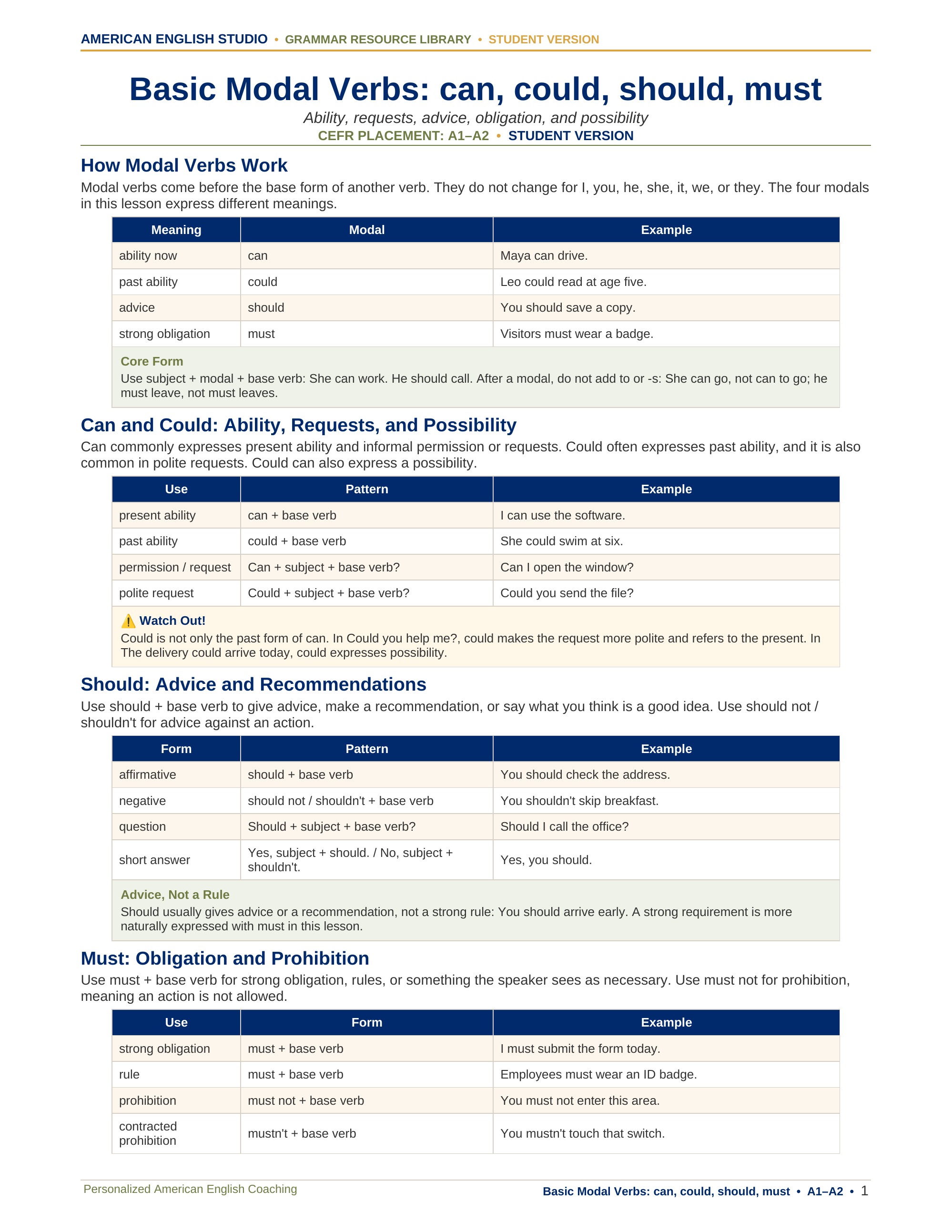 Basic Modal Verbs: can, could, should, must grammar resource preview