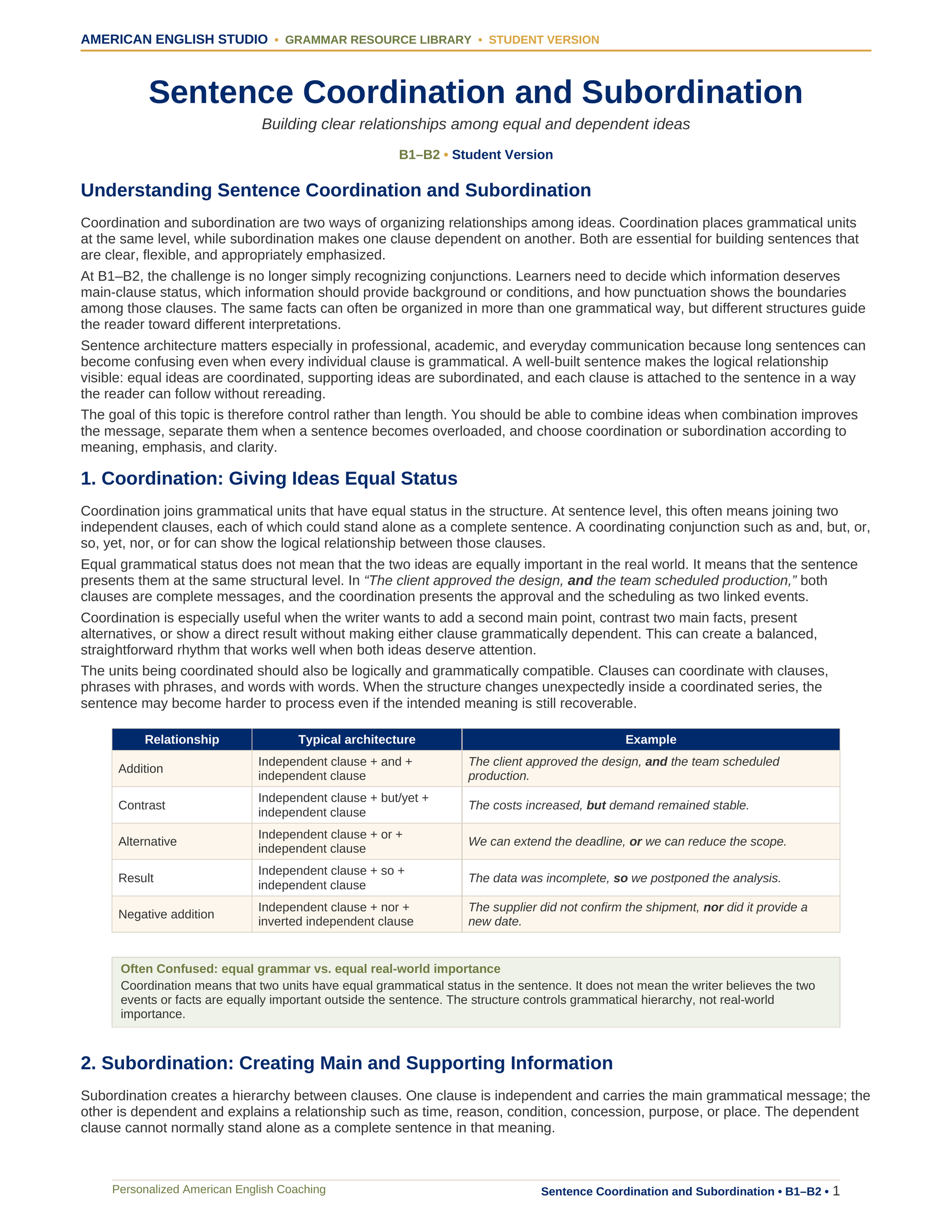 Sentence Coordination and Subordination grammar resource preview