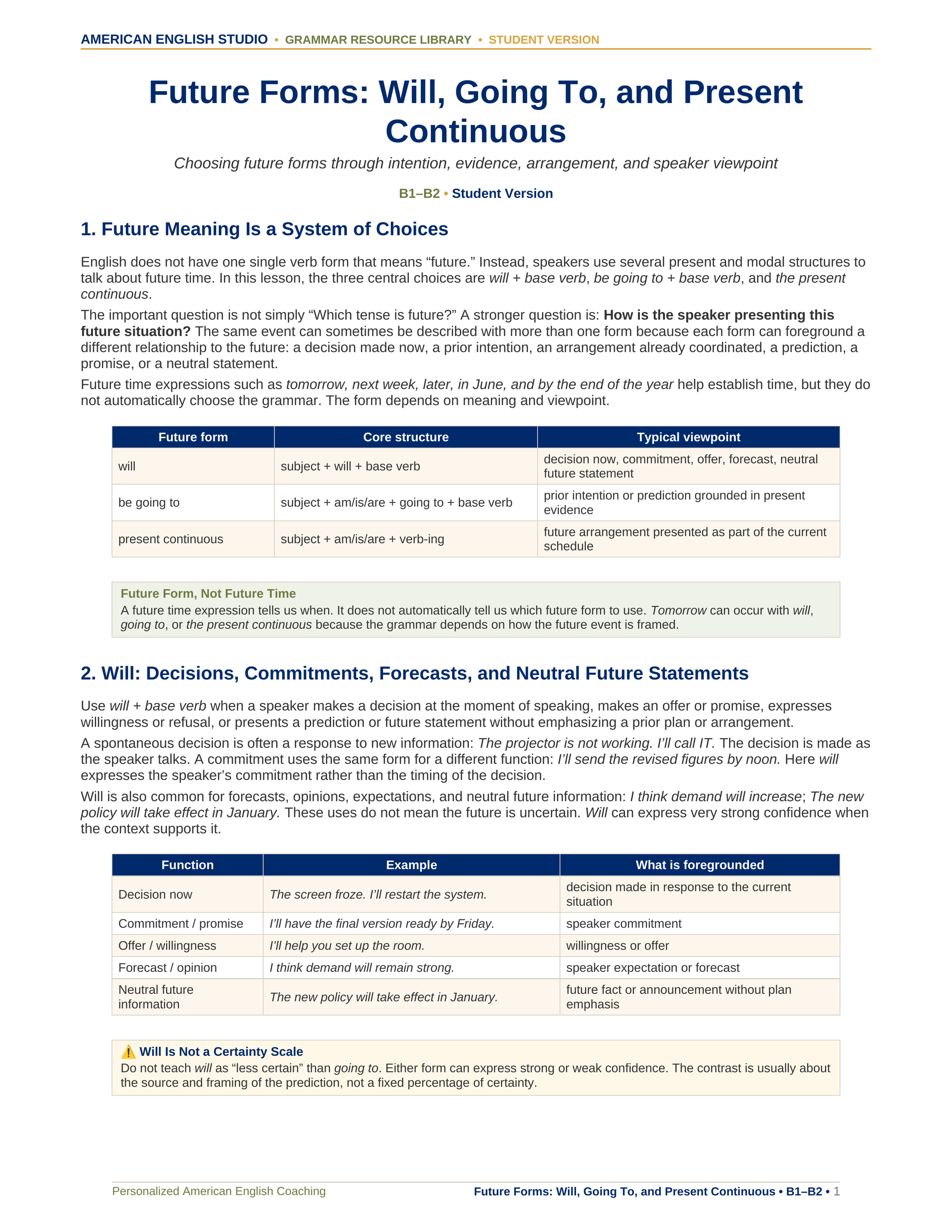 Future Forms: Will, Going To, and Present Continuous grammar resource preview