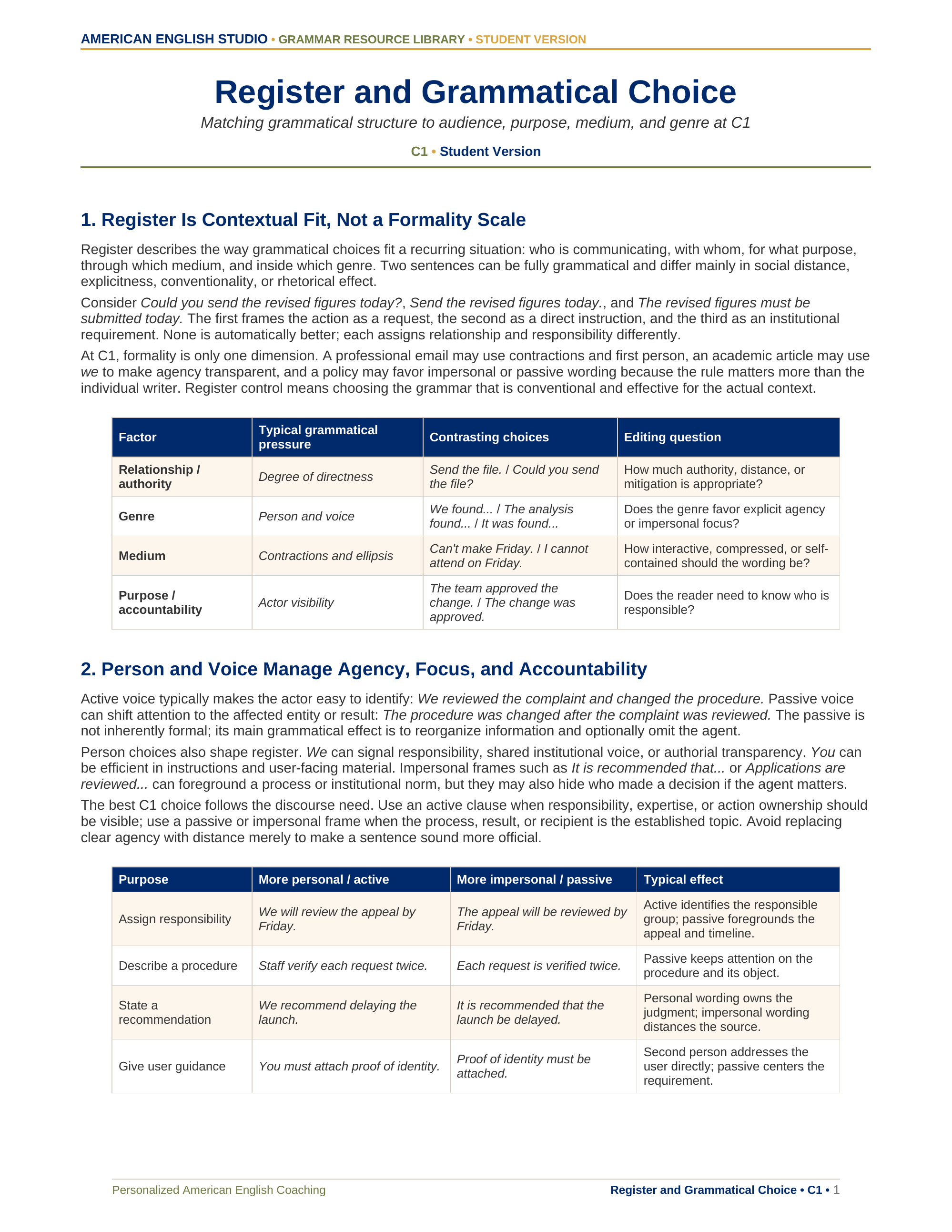 Register and Grammatical Choice grammar resource preview