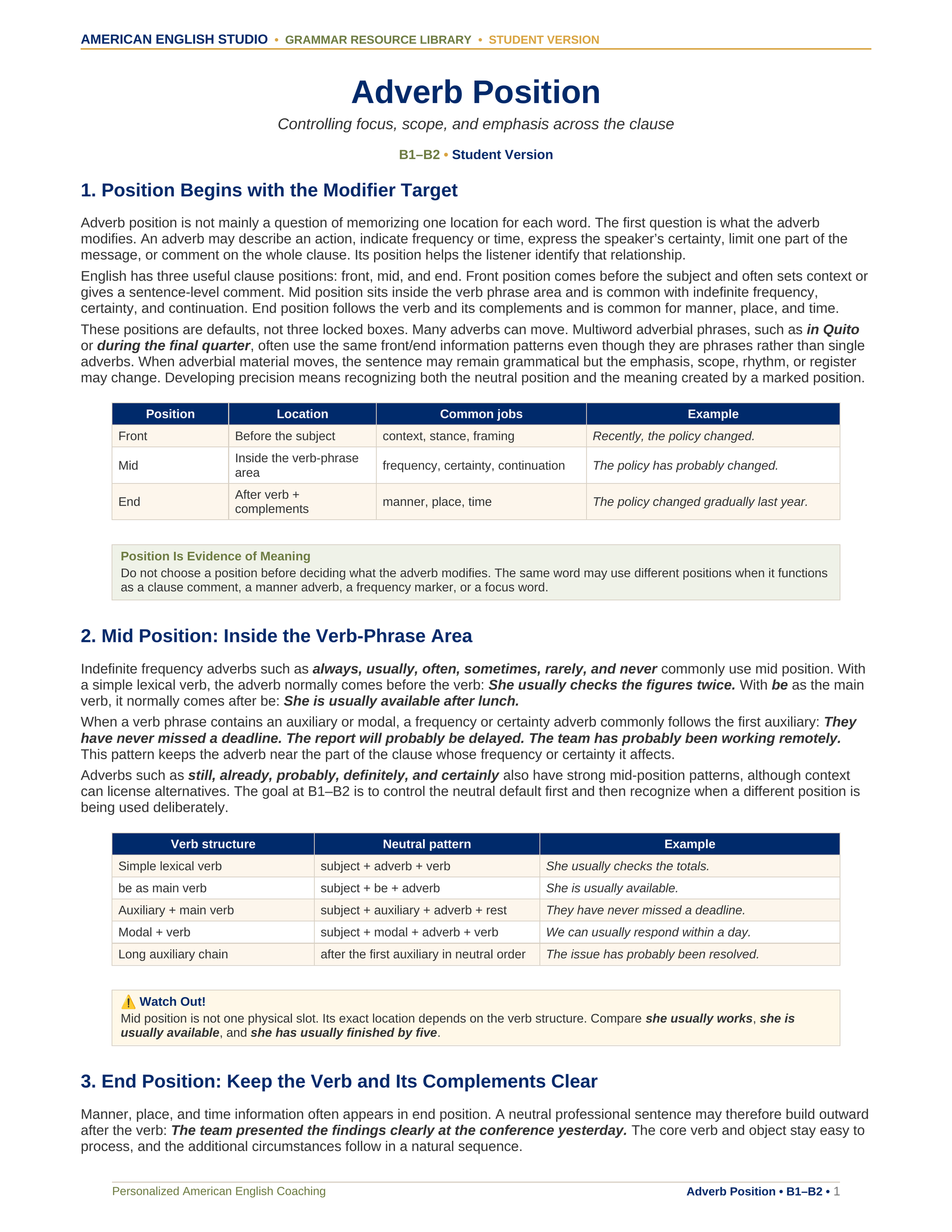 Adverb Position grammar resource preview