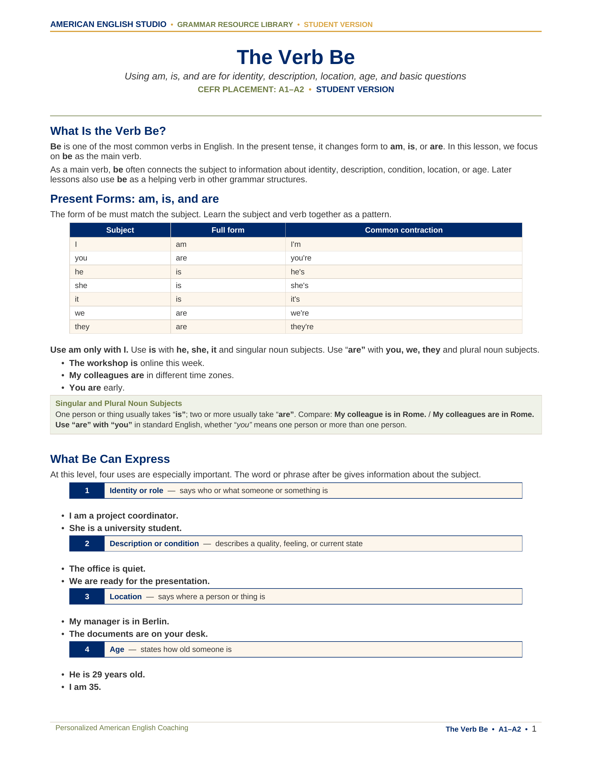 The Verb Be grammar resource preview