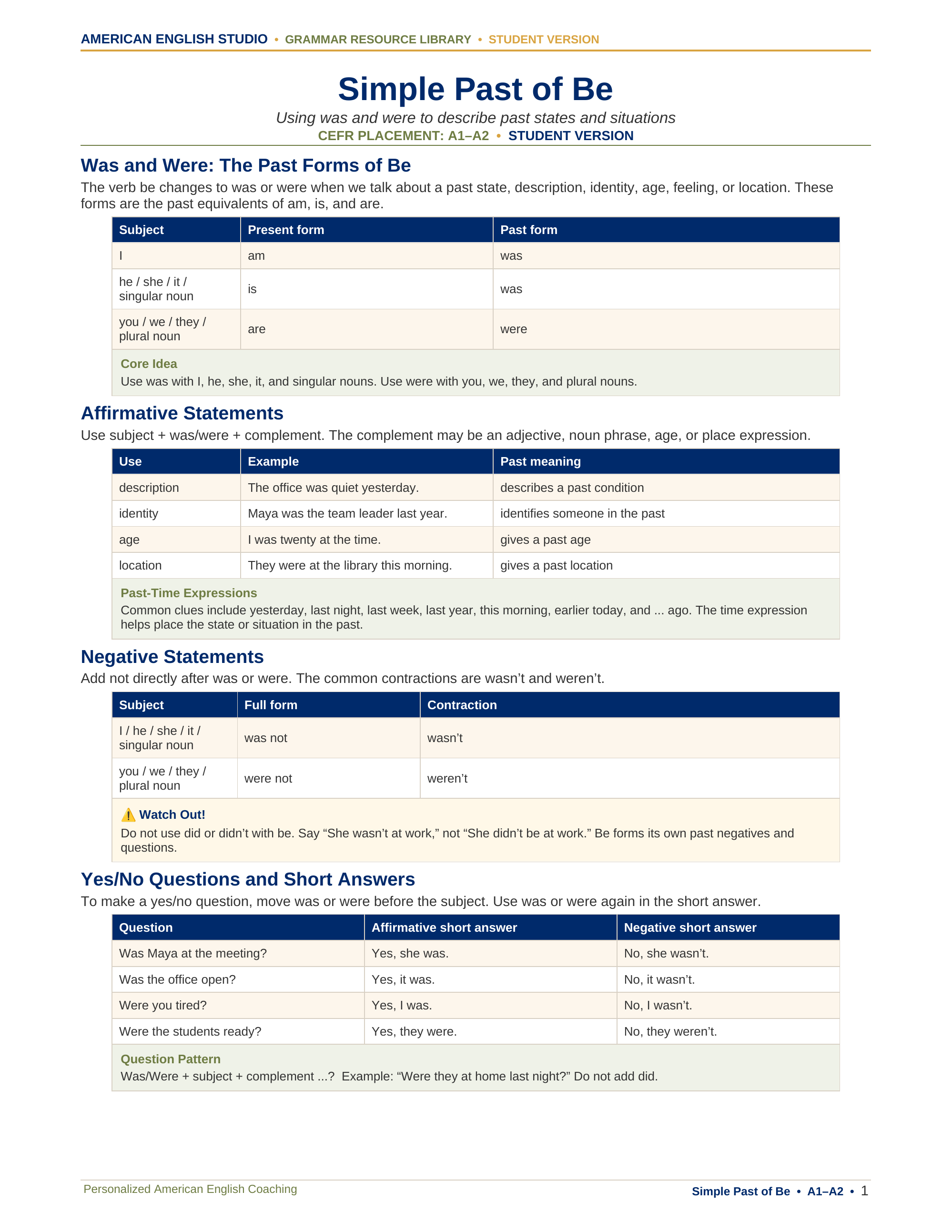 Simple Past of Be grammar resource preview