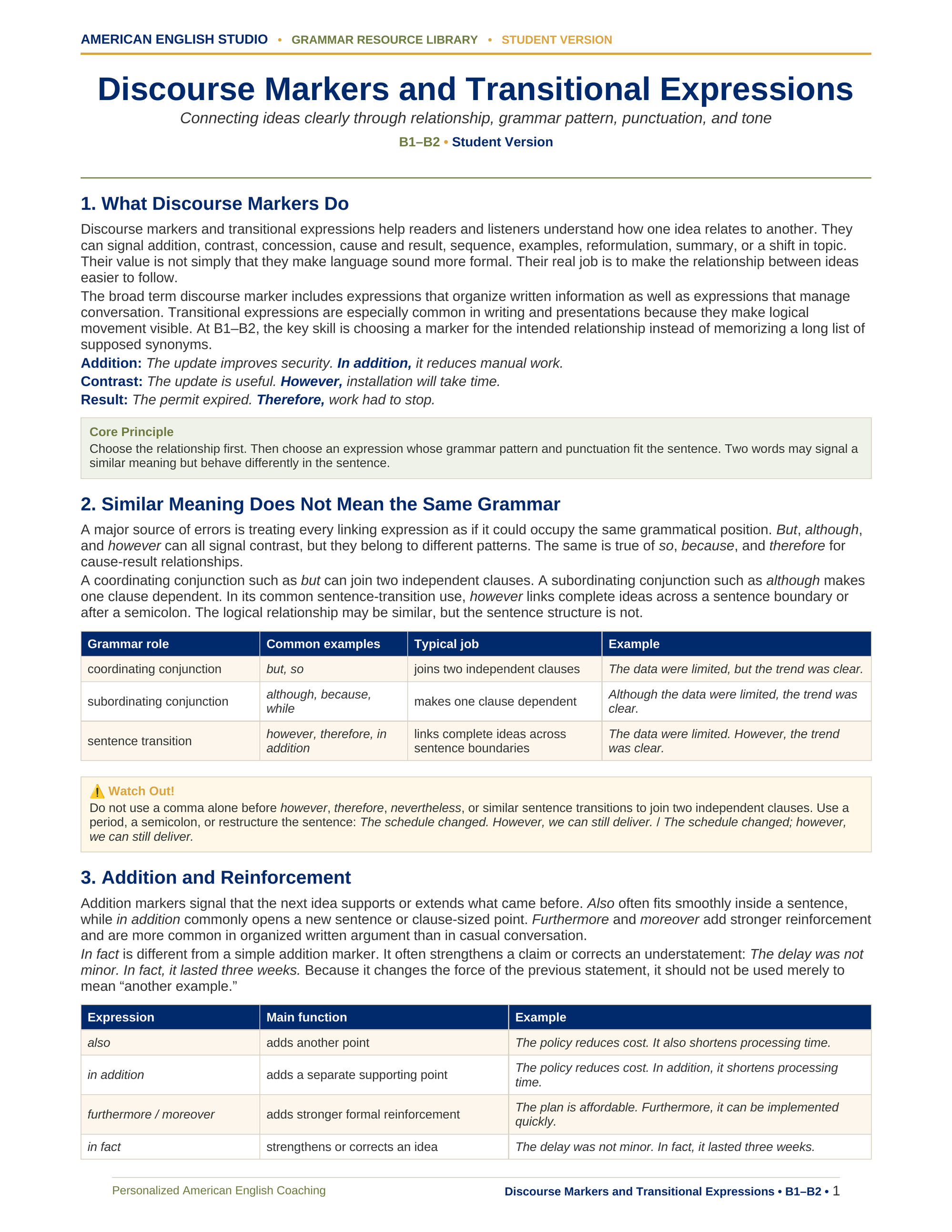 Discourse Markers and Transitional Expressions grammar resource preview