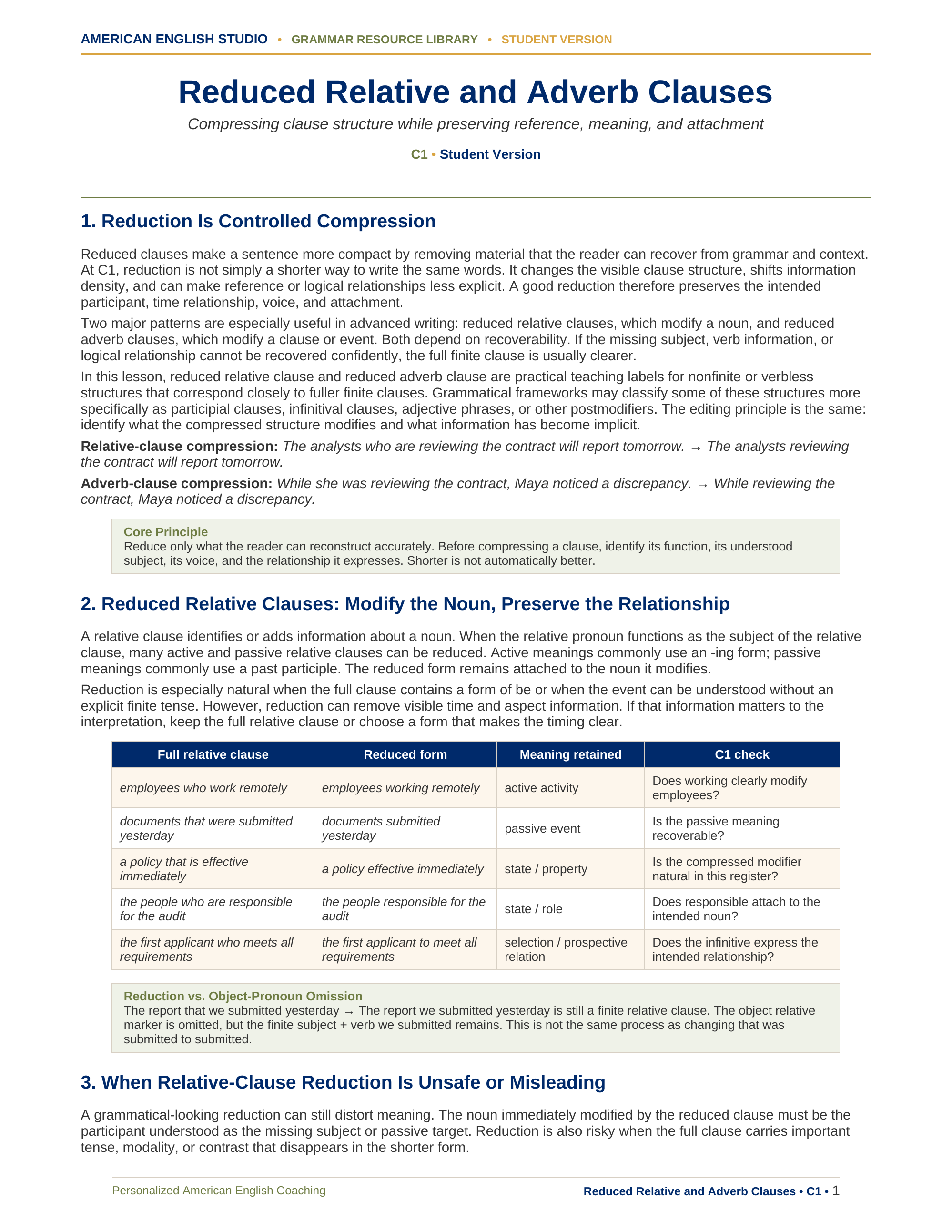 Reduced Relative and Adverb Clauses grammar resource preview