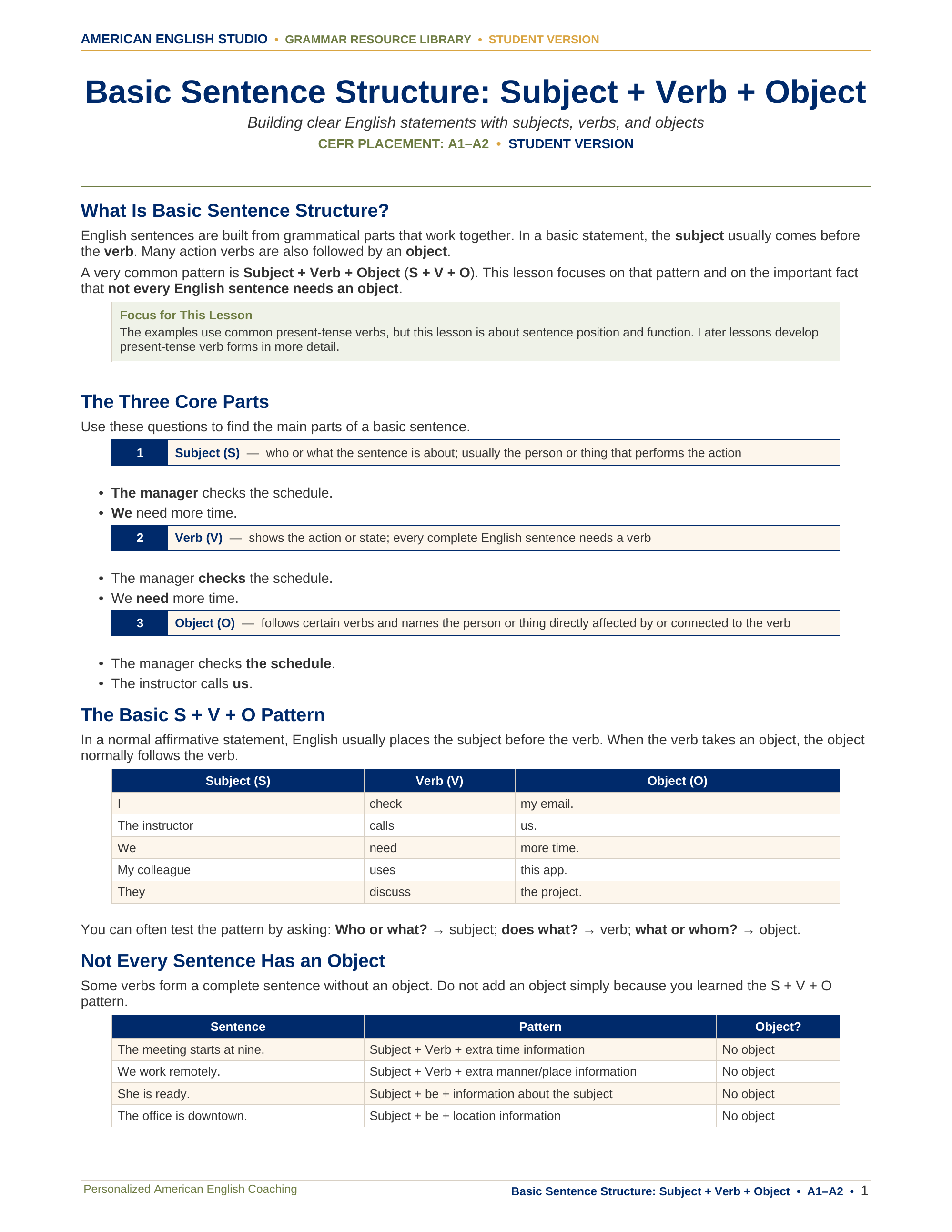 Basic Sentence Structure: Subject + Verb + Object grammar resource preview