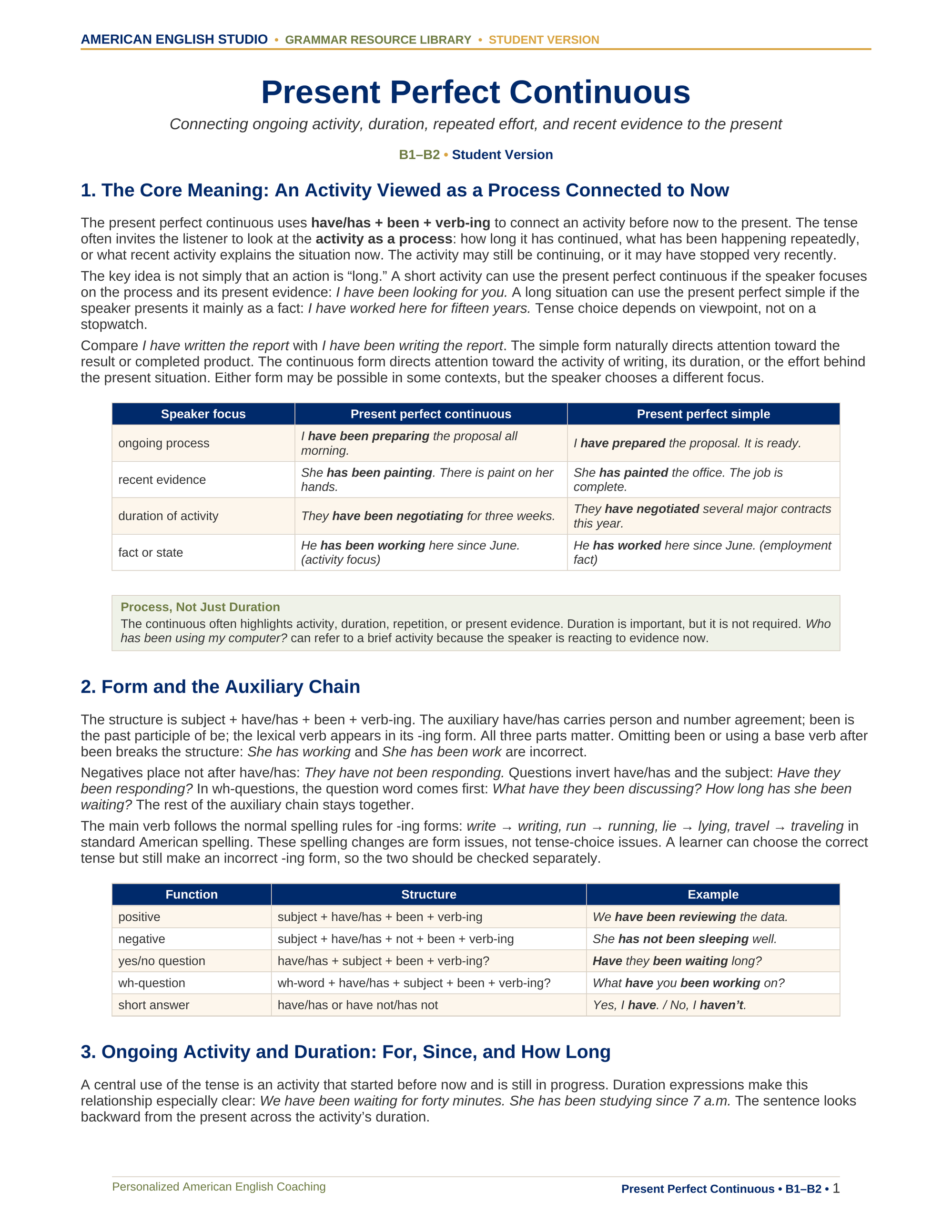 Present Perfect Continuous grammar resource preview