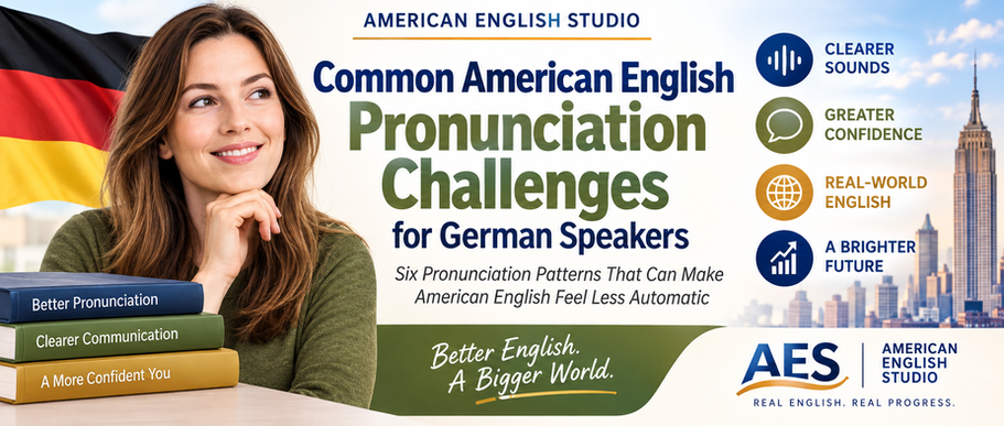 German-speaking adult learner with German flag, pronunciation learning materials, and benefits for clearer American English communication