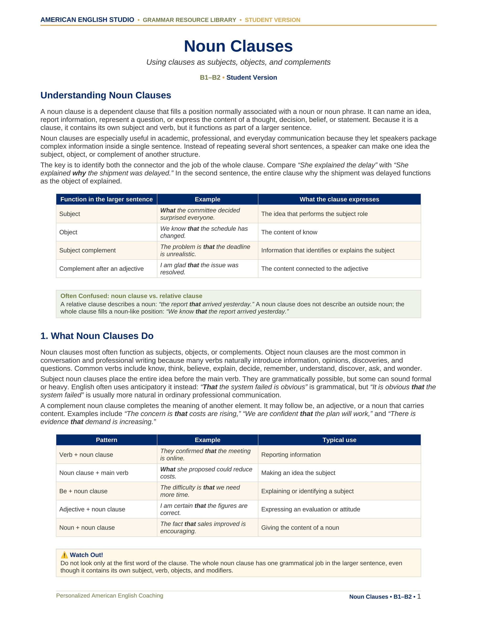 Noun Clauses grammar resource preview