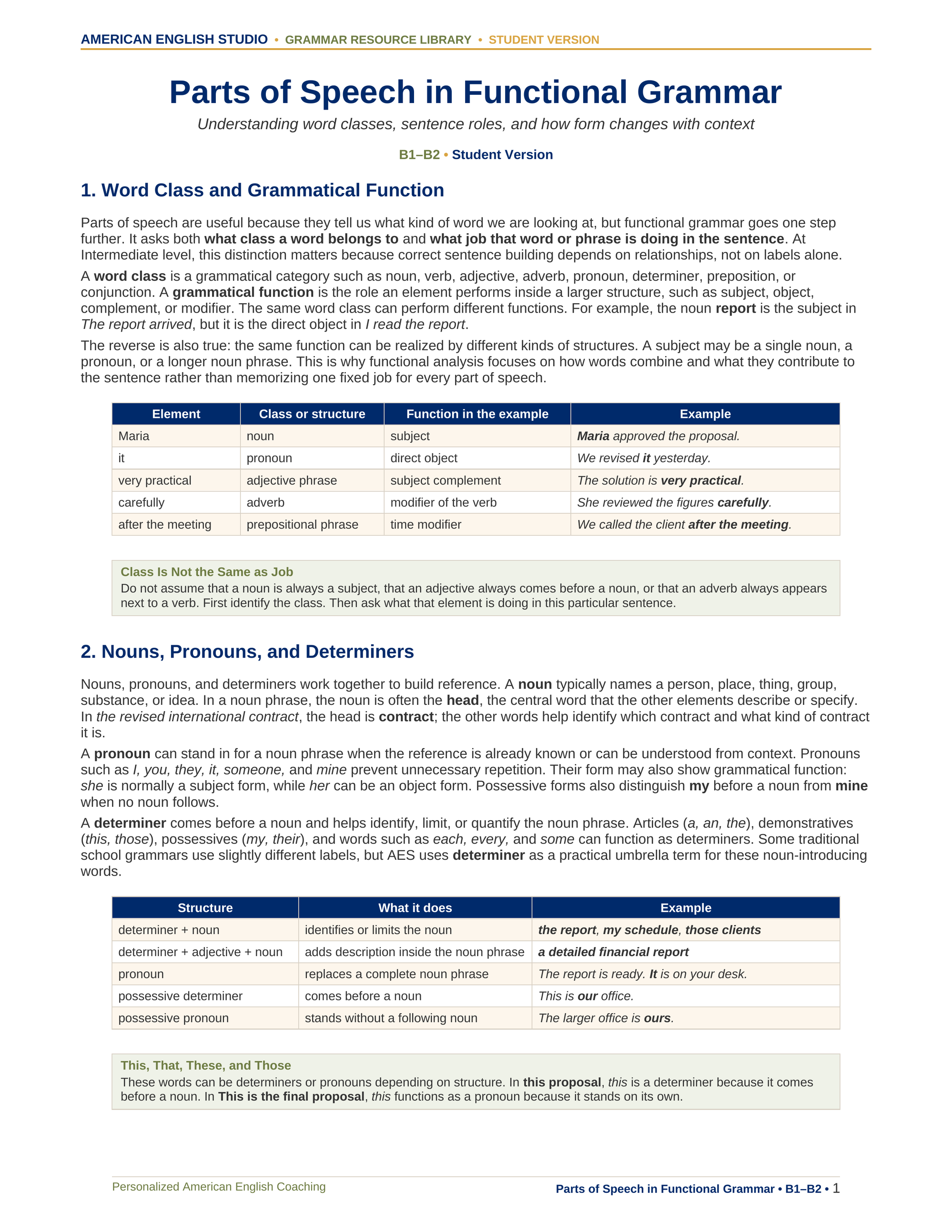 Parts of Speech in Functional Grammar grammar resource preview