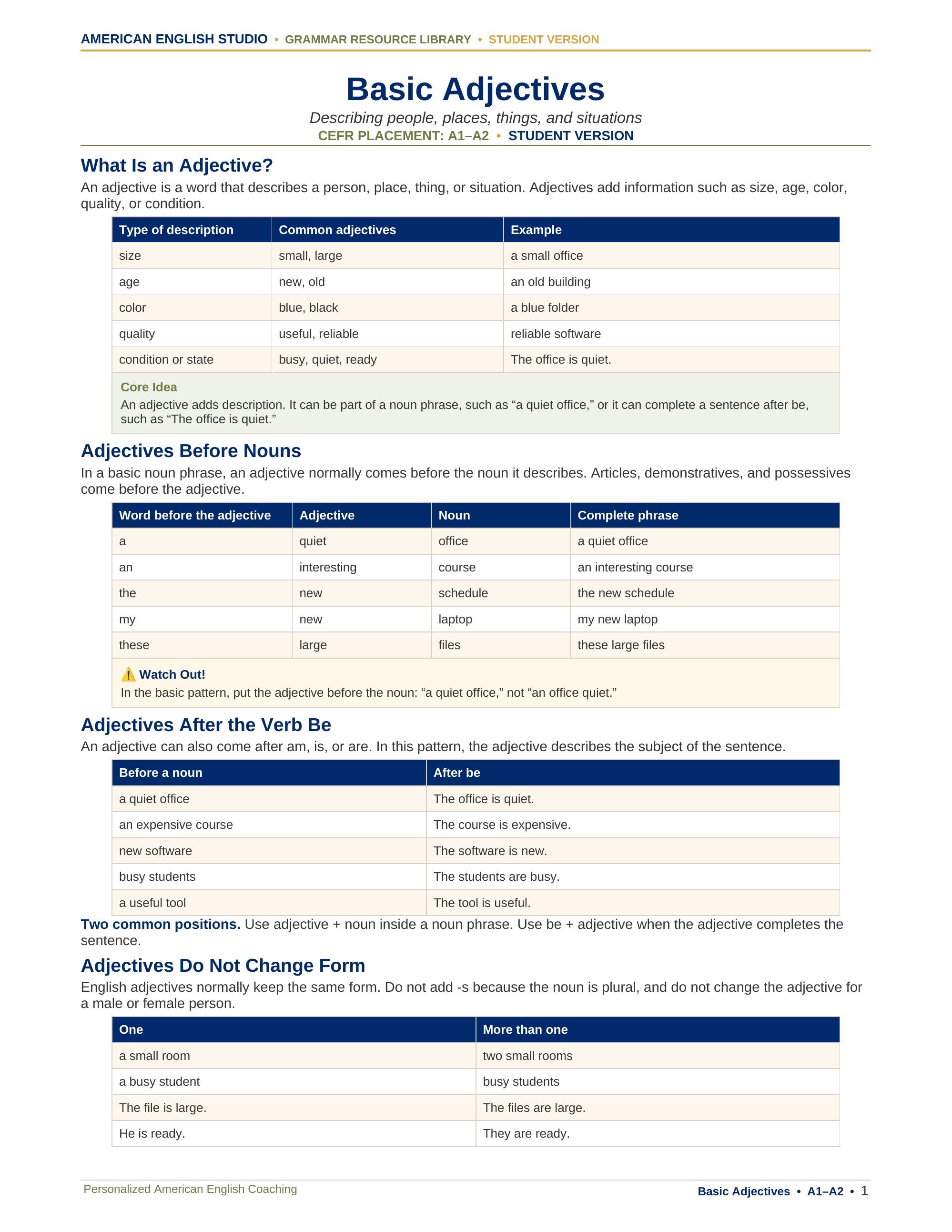 Basic Adjectives grammar resource preview
