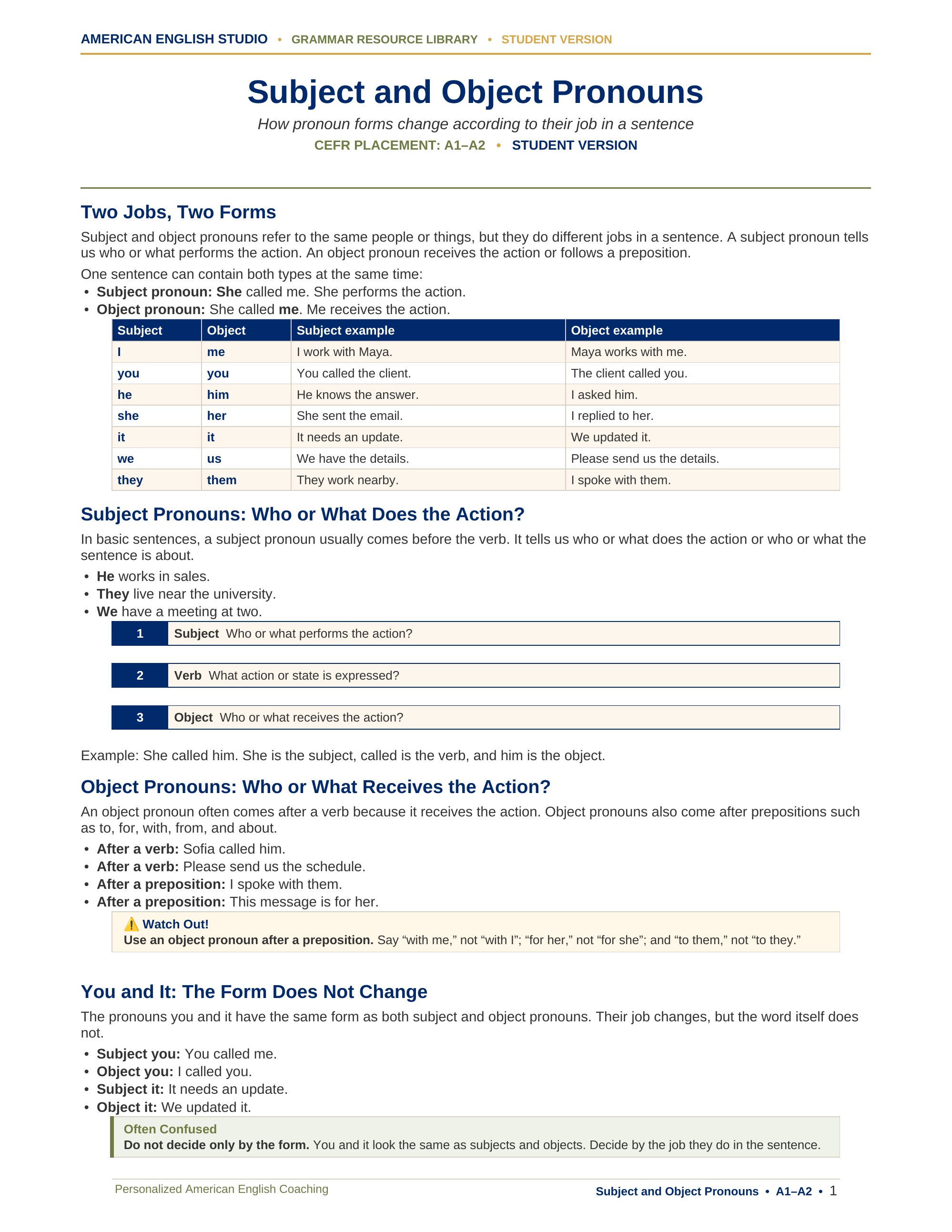 Subject and Object Pronouns grammar resource preview