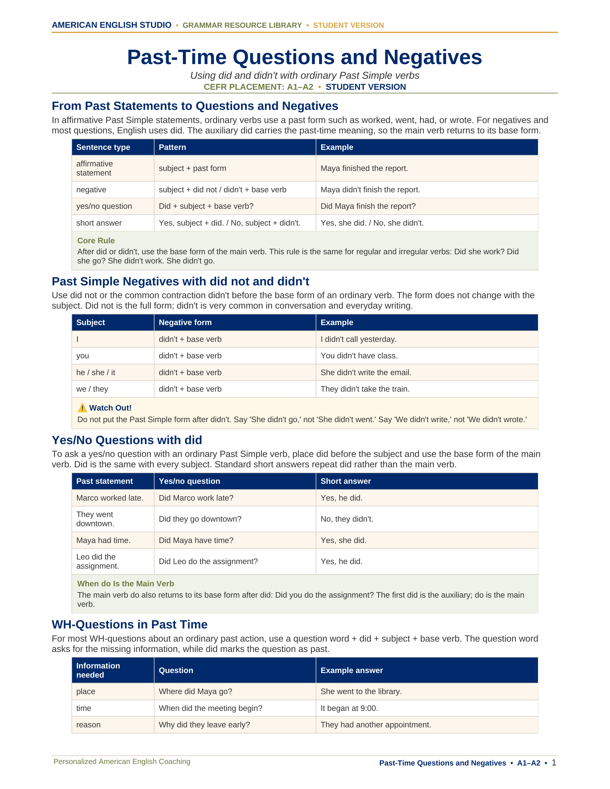 Past-Time Questions and Negatives grammar resource preview