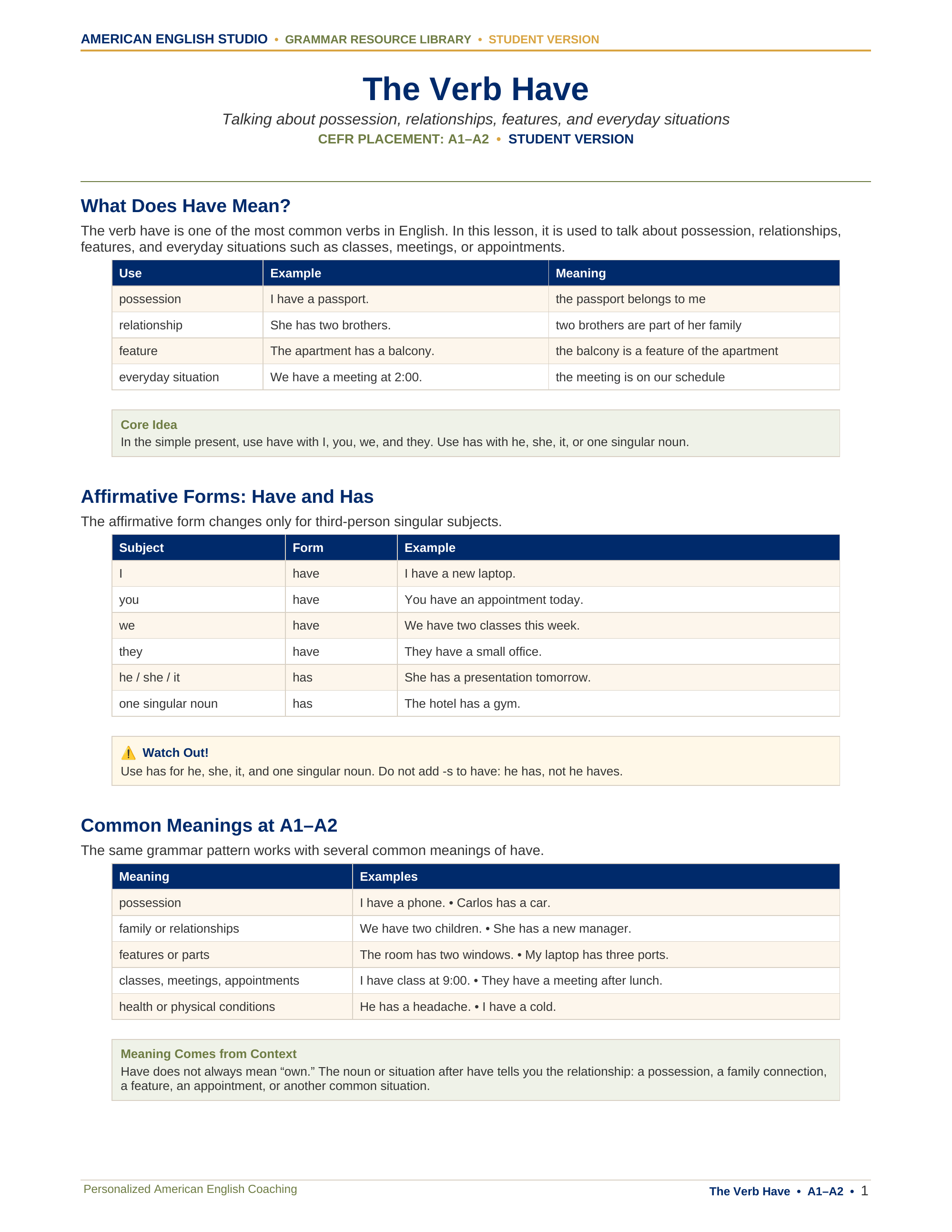 The Verb Have grammar resource preview