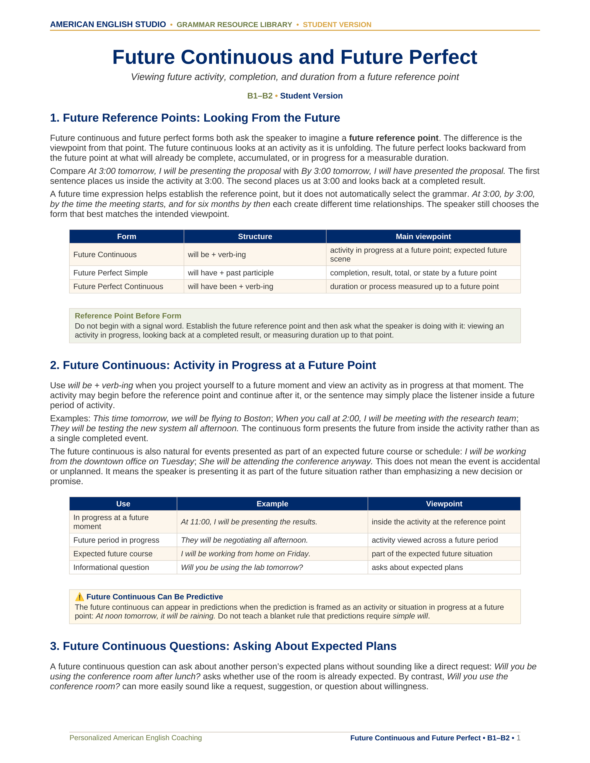 Future Continuous and Future Perfect grammar resource preview