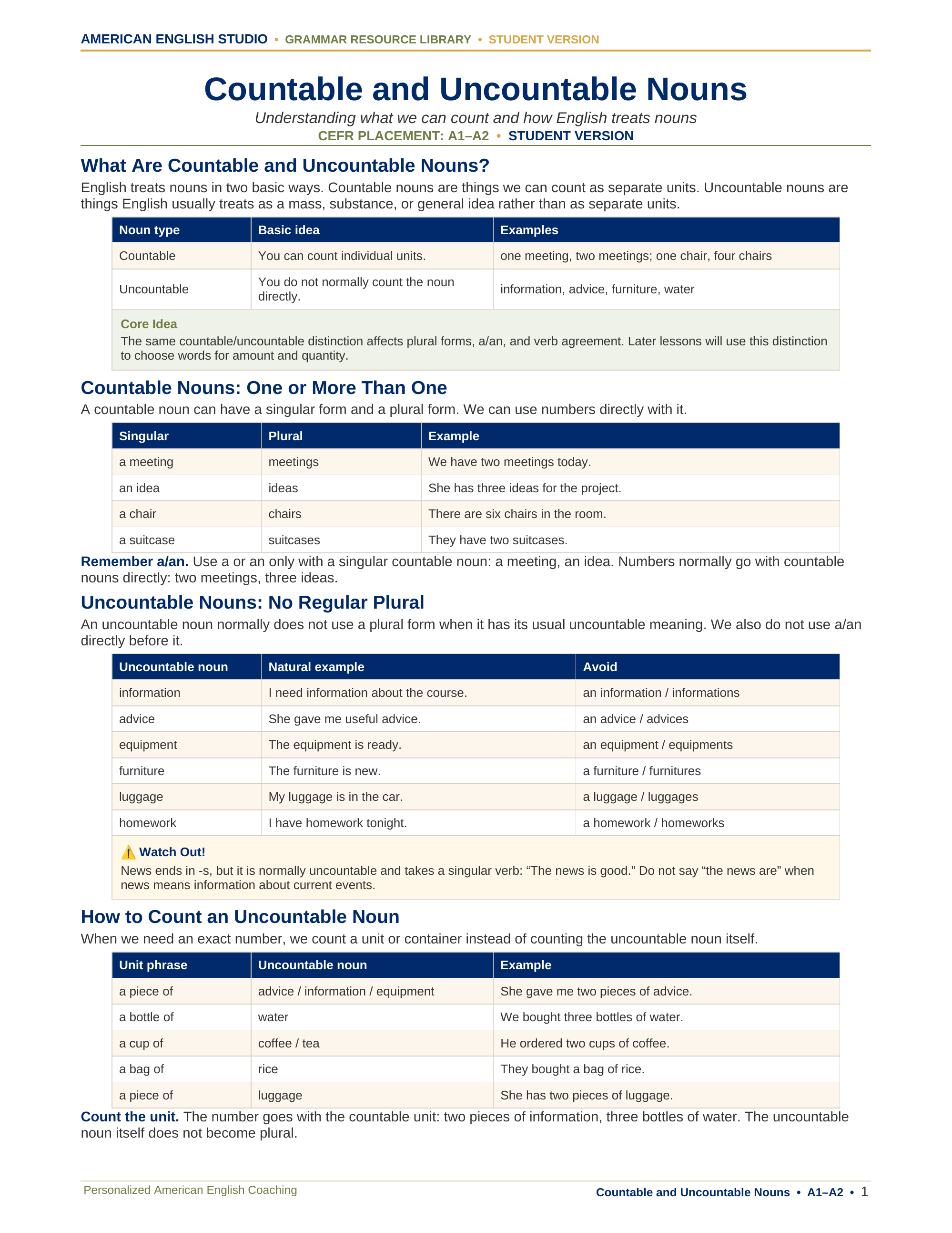 Countable and Uncountable Nouns grammar resource preview