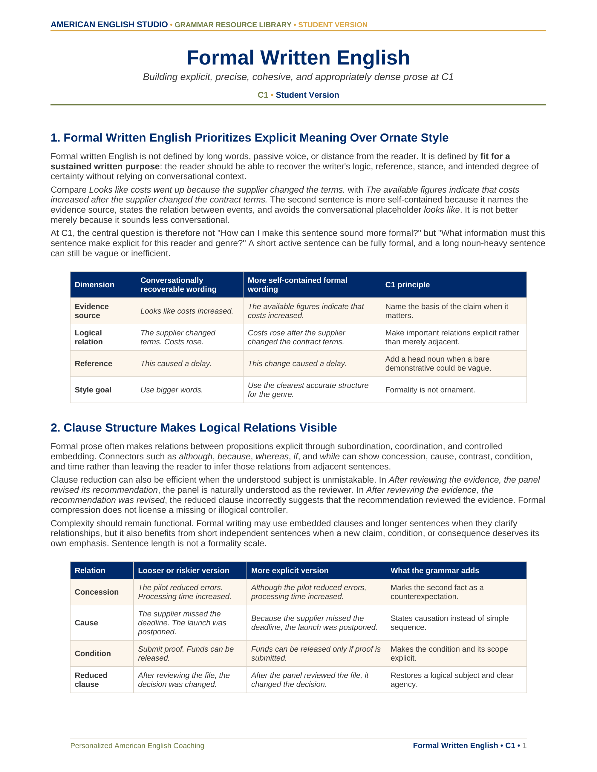 Formal Written English grammar resource preview