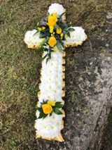 Formal Floral Cross with white flowers. With yellow roses 