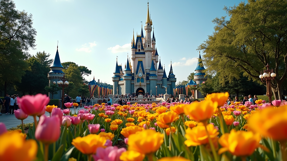 Wide angle view of Cinderella Castle surrounded by vibrant gardens