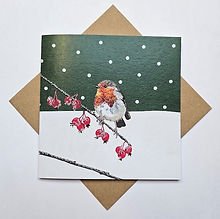 Robin on frozen berries printed Christmas card by Lellibelle