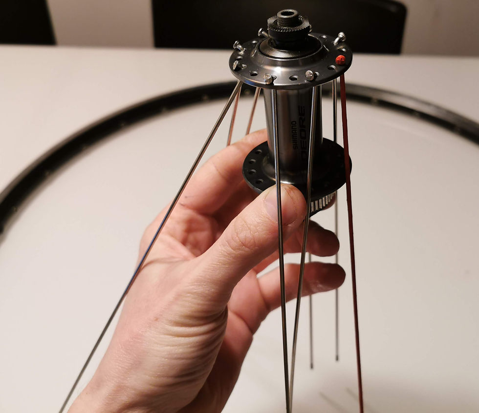 The first set of spokes inserted into the right side flange