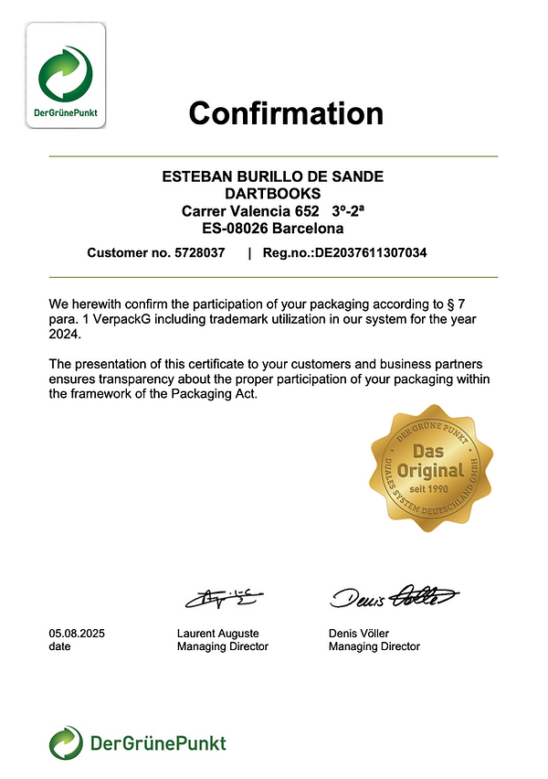 Certificado que acredita el compromiso de Dartbooks con el reciclaje en Alemania