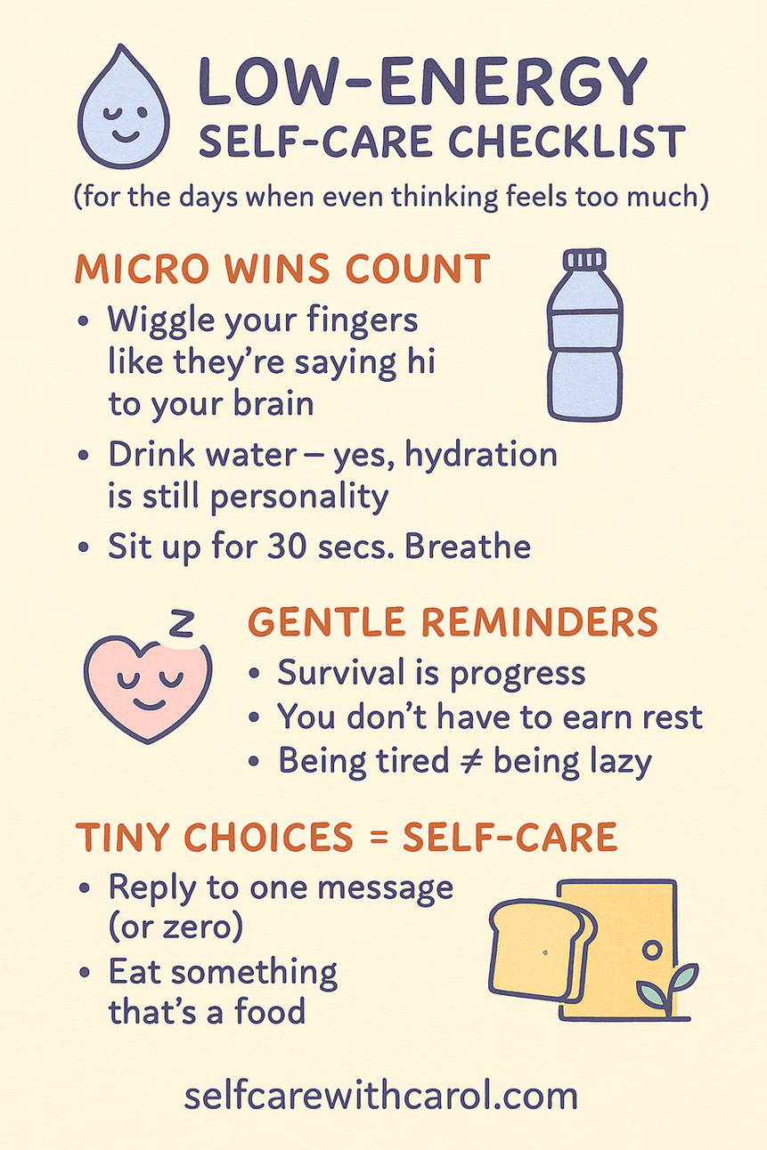 Low-Energy Self-Care Checklist with pastel doodles of a water bottle, sleepy heart, and bread slice — a gentle reminder for low-energy days in soft cream tones.