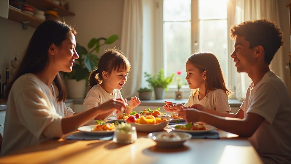 Eye-level view of a family enjoying a healthy meal together