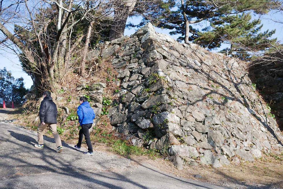 The ancient stone walls supporting the Honmaru ruins.