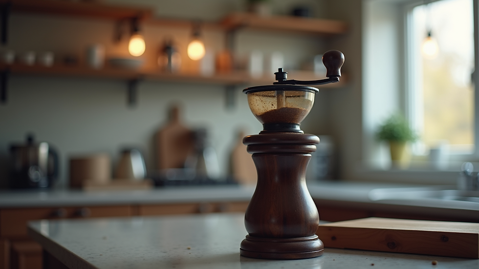 Eye-level view of a manual coffee grinder with adjustable settings on a kitchen counter