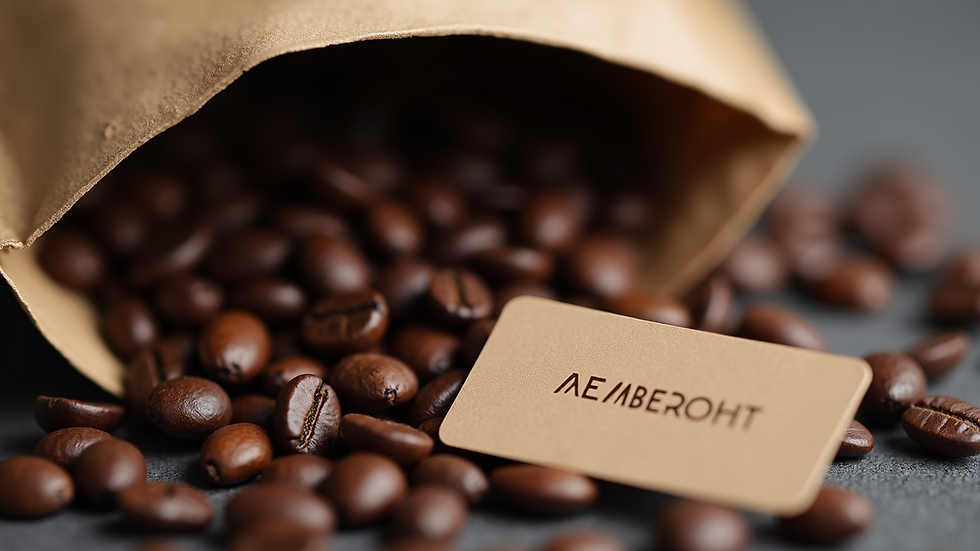 Close-up of coffee beans in a bag with a membership card beside it
